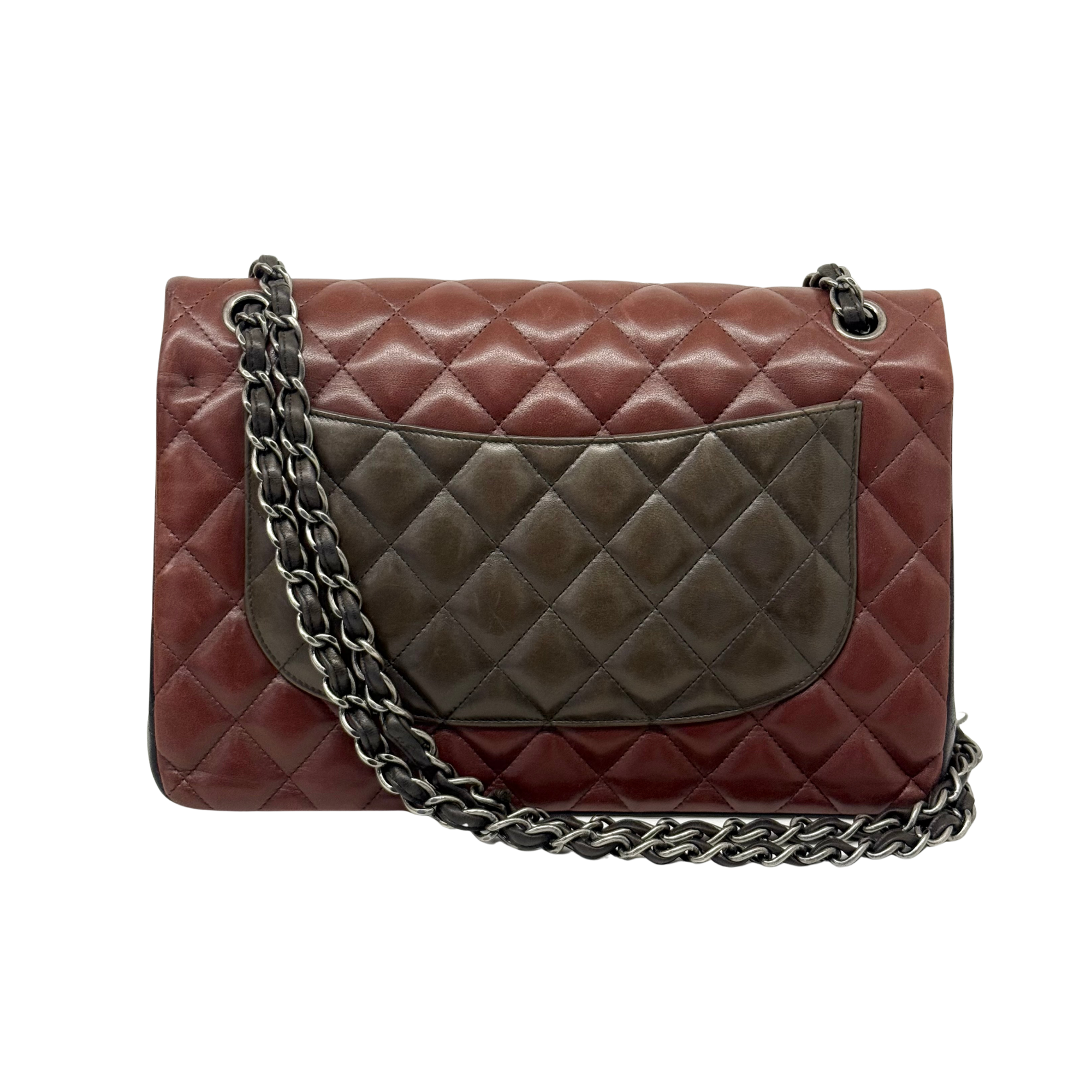 Chanel Paris-Edinburgh Classic Medium Burgundy Brown Black Lambskin Leather Double Flap Bag (pre-owned)