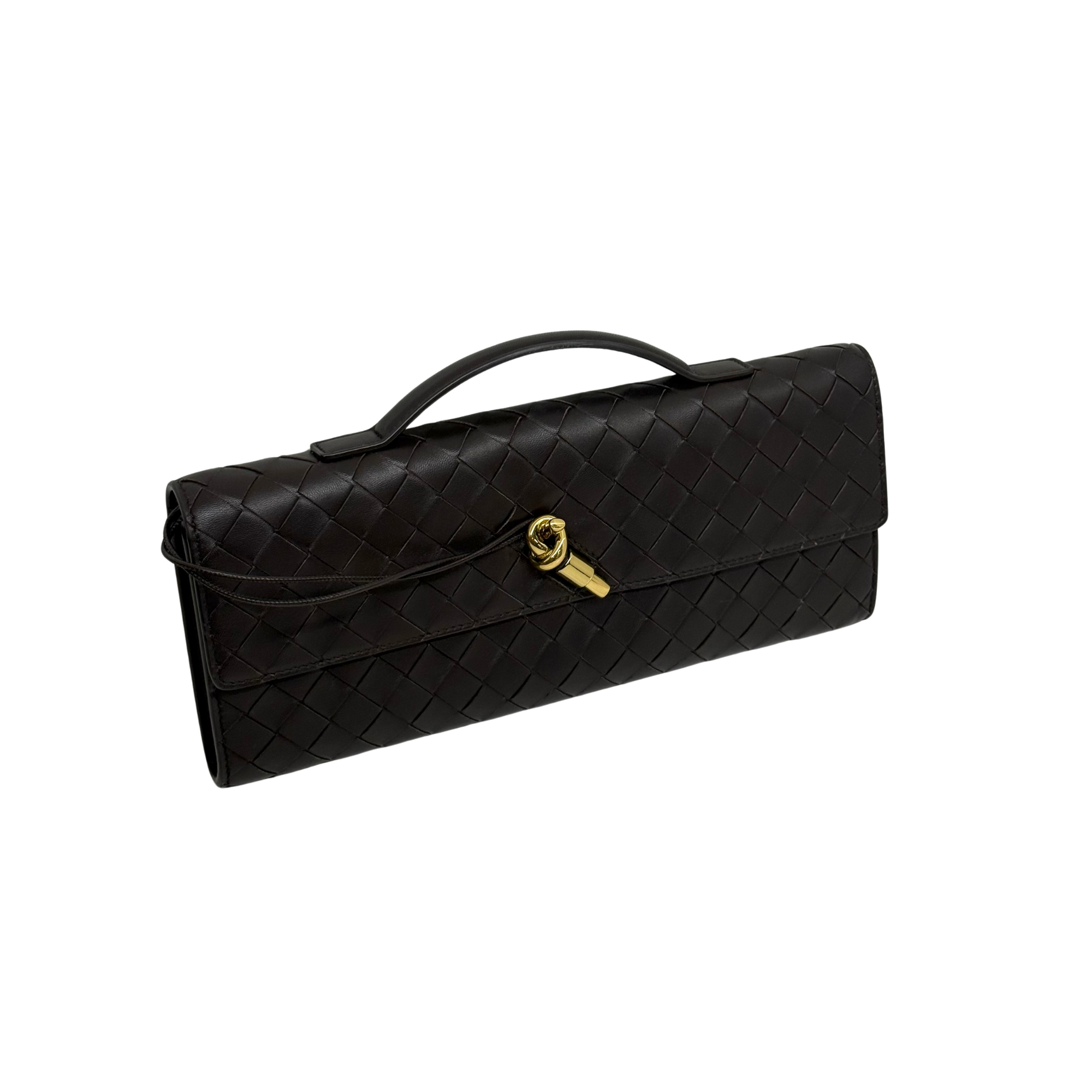 Black woven leather flap bag with front strap detail and gold clasp