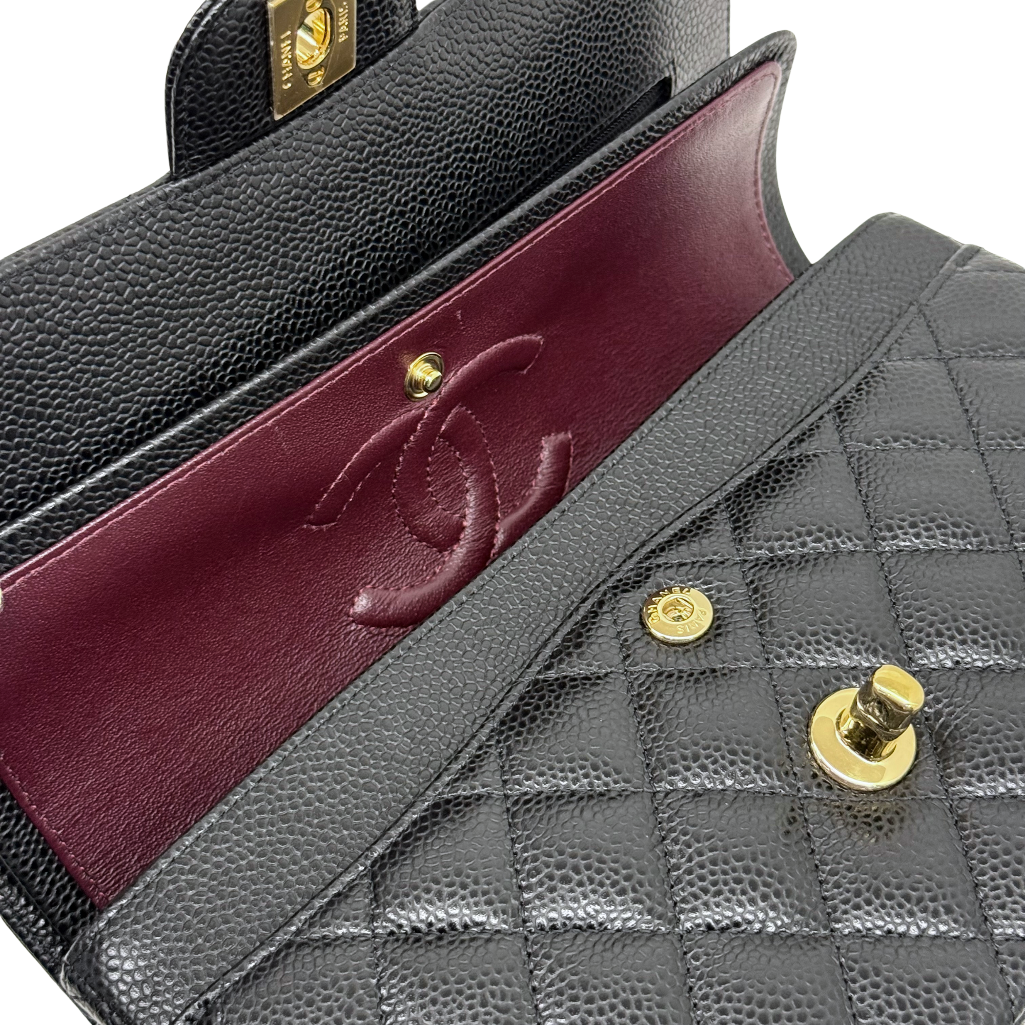 Chanel black bag caviar leather gold hardware