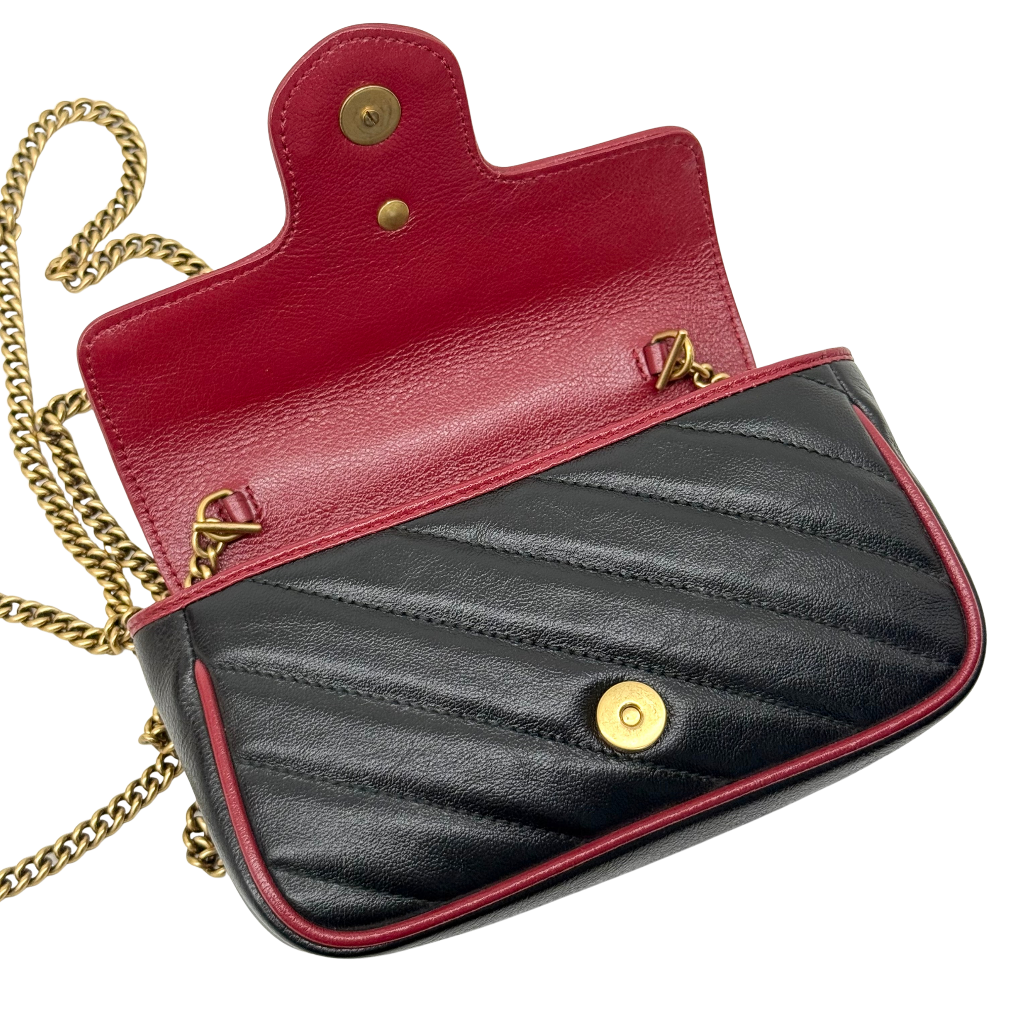 Gucci black and red Super Mini GG Marmont Matelasse Leather Torchon Flap crossbody bag (brand new)