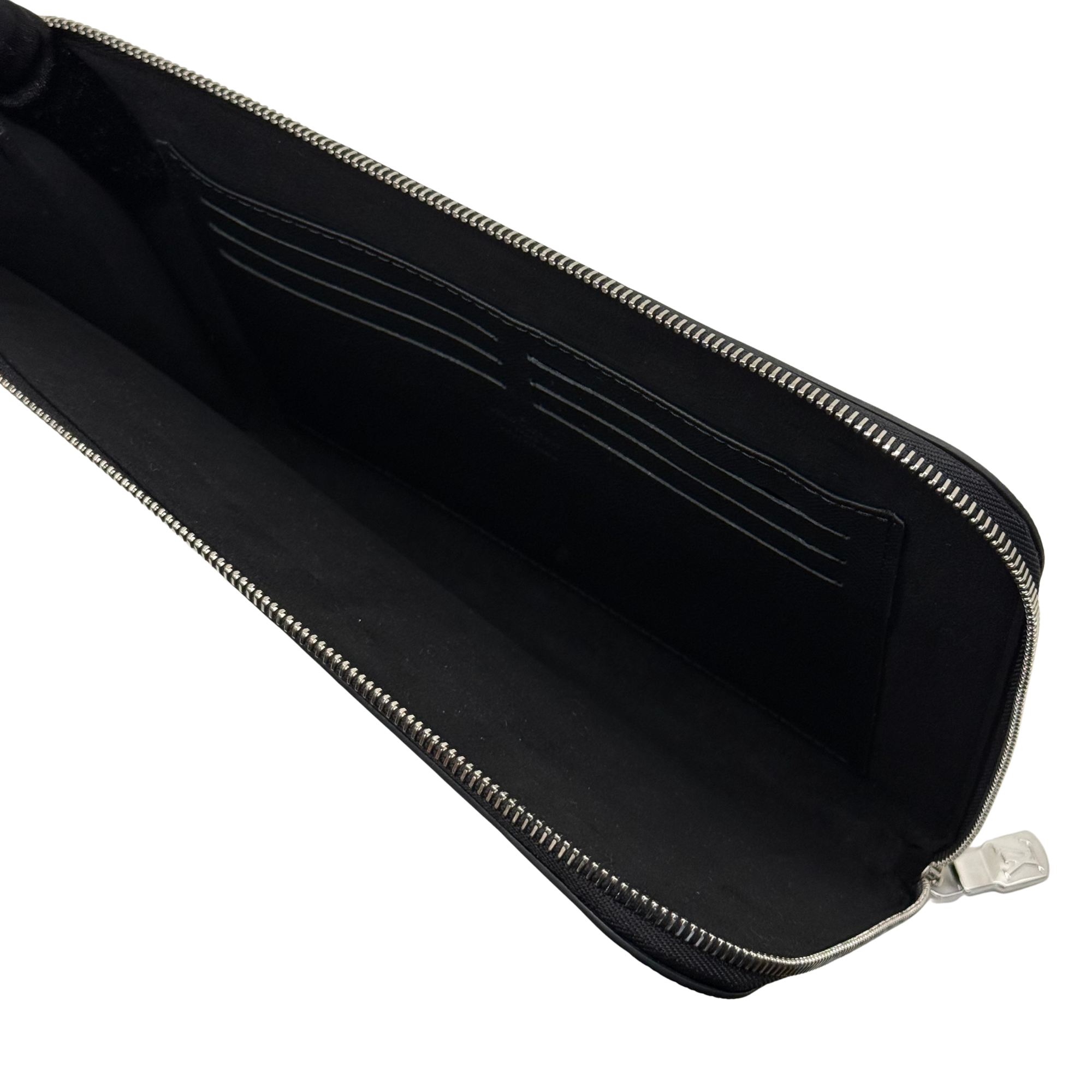 Louis Vuitton black leather wallet interior with zip opening and card slot lining