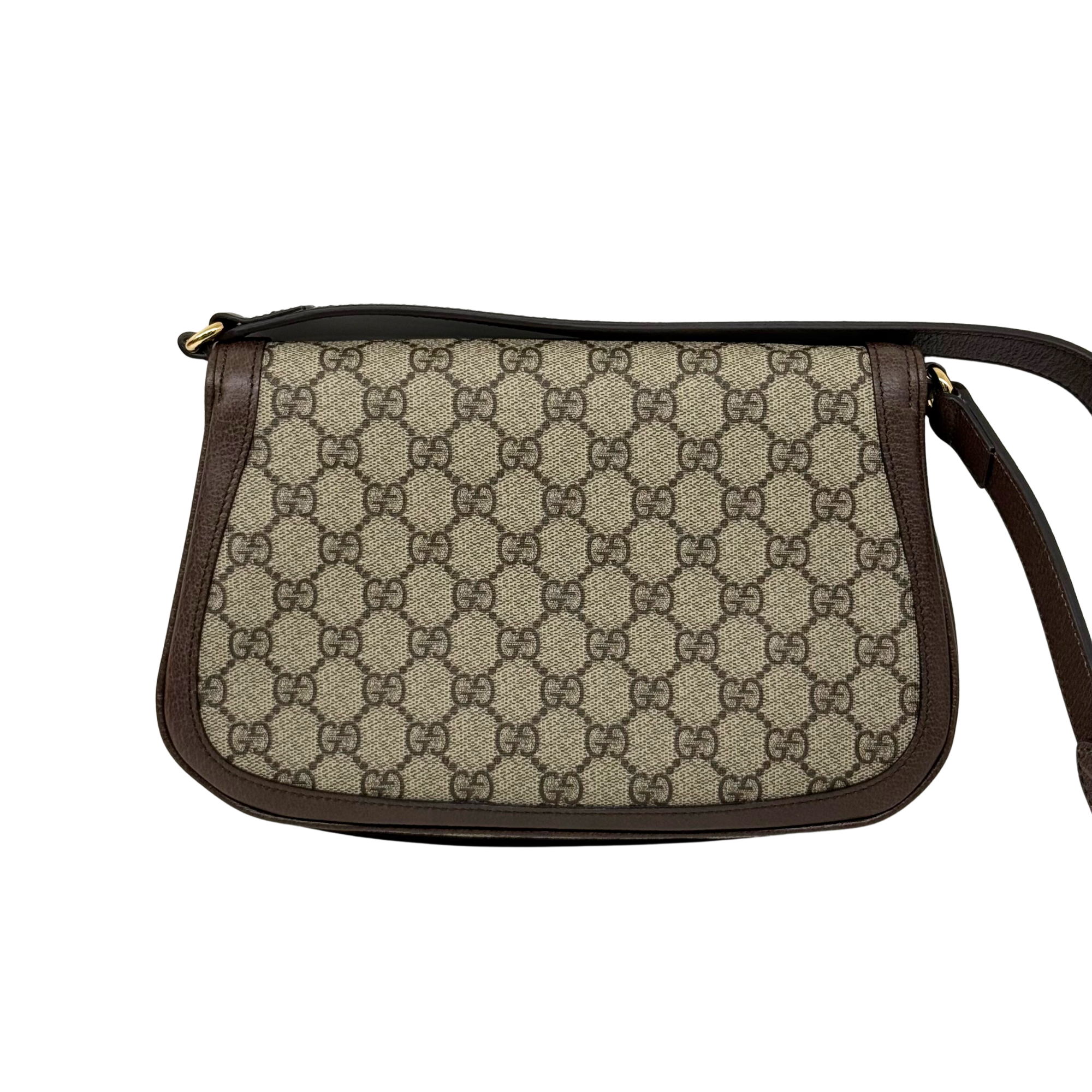 Gucci GG canvas shoulder bag with brown leather trim and short top handle