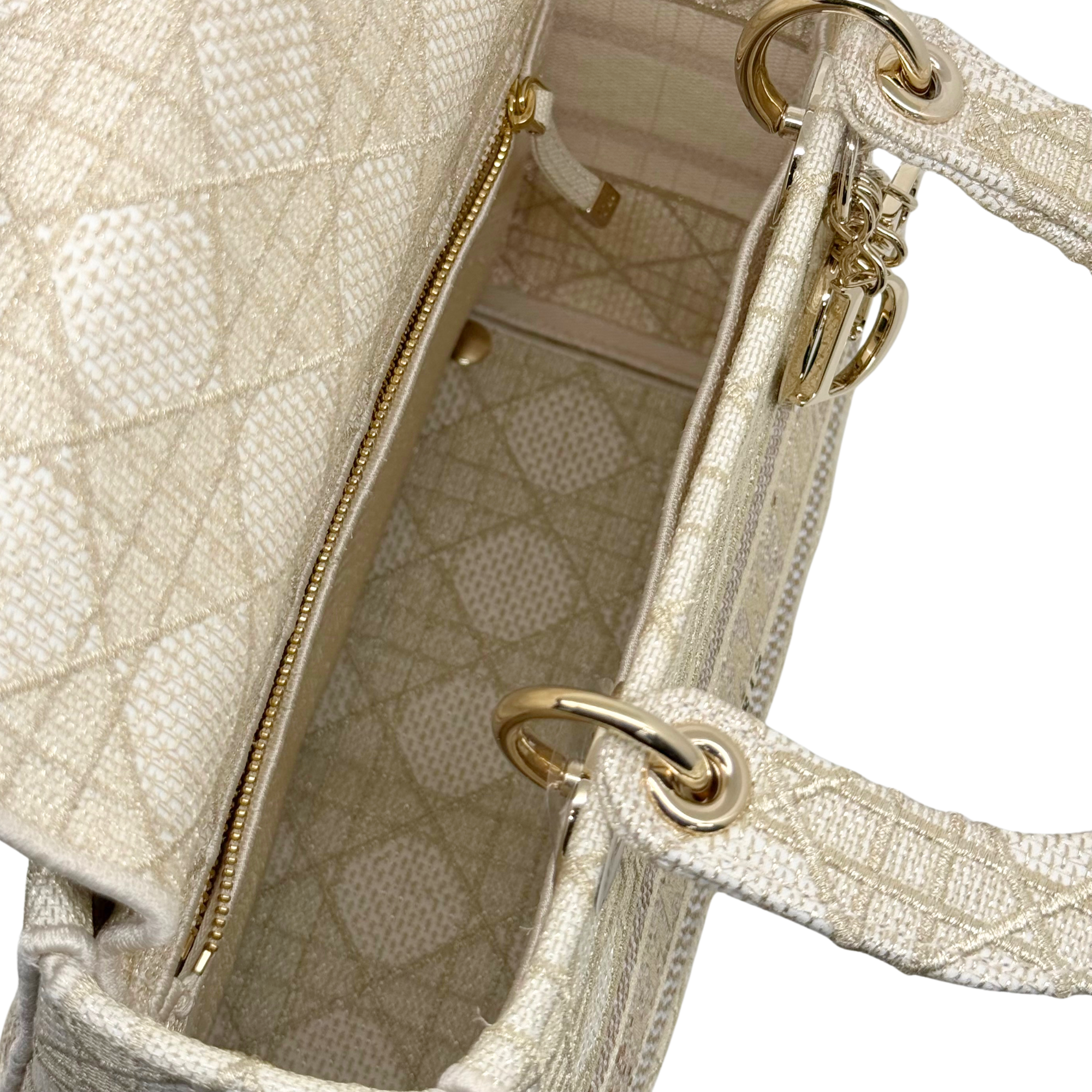 Christian Dior Medium Lady D-Lite bag, beige embroidered canvas, gold-tone top handles