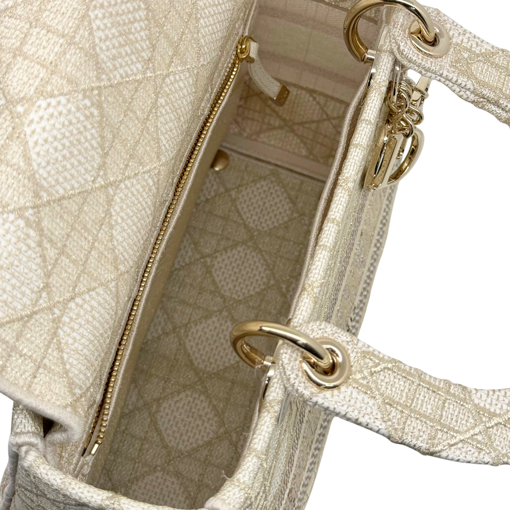Christian Dior Medium Lady D-Lite bag, beige embroidered canvas, gold-tone top handles