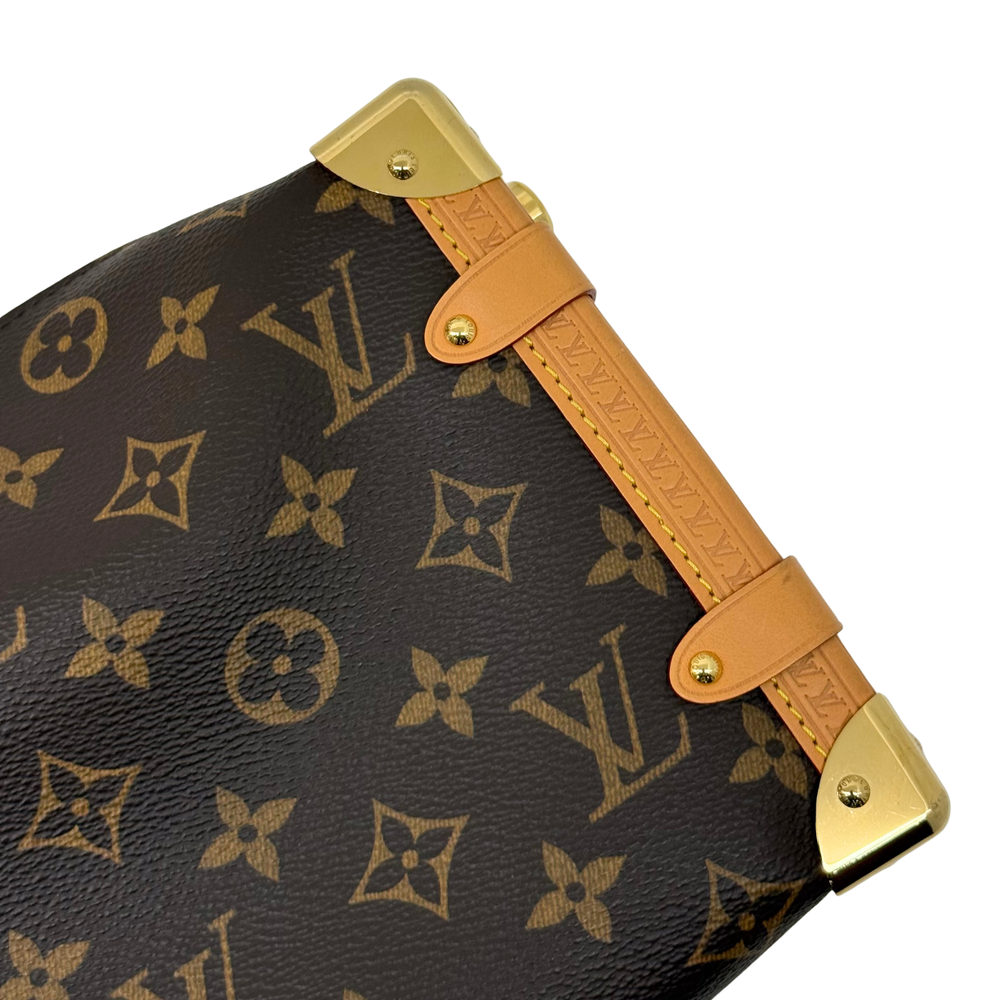 Louis Vuitton monogram handbag with tan strap and gold-tone end hardware