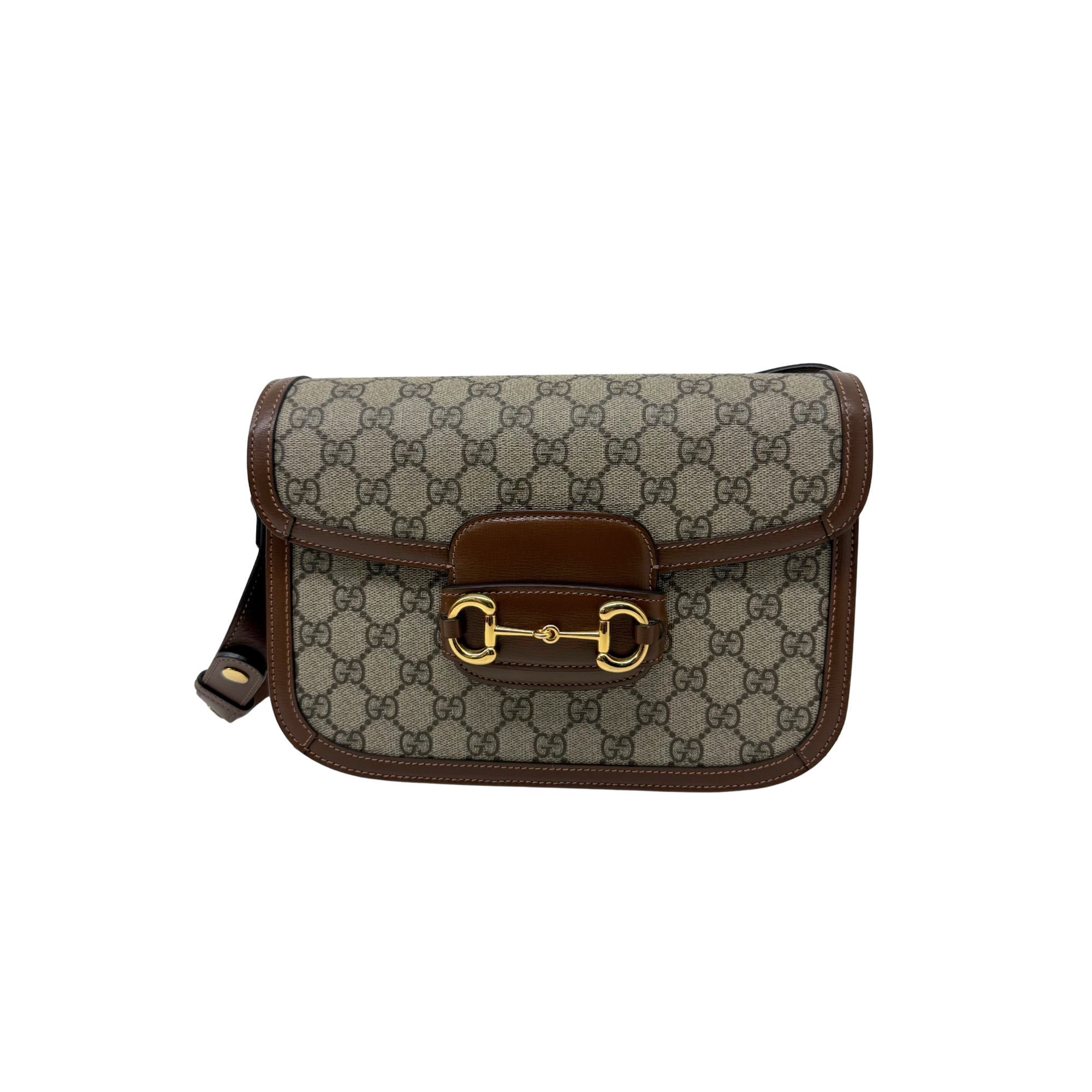 Pre-owned Gucci crossbody bag, monogram canvas with brown leather trim and gold clasp