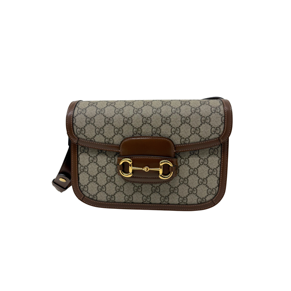 Pre-owned Gucci crossbody bag, monogram canvas with brown leather trim and gold clasp