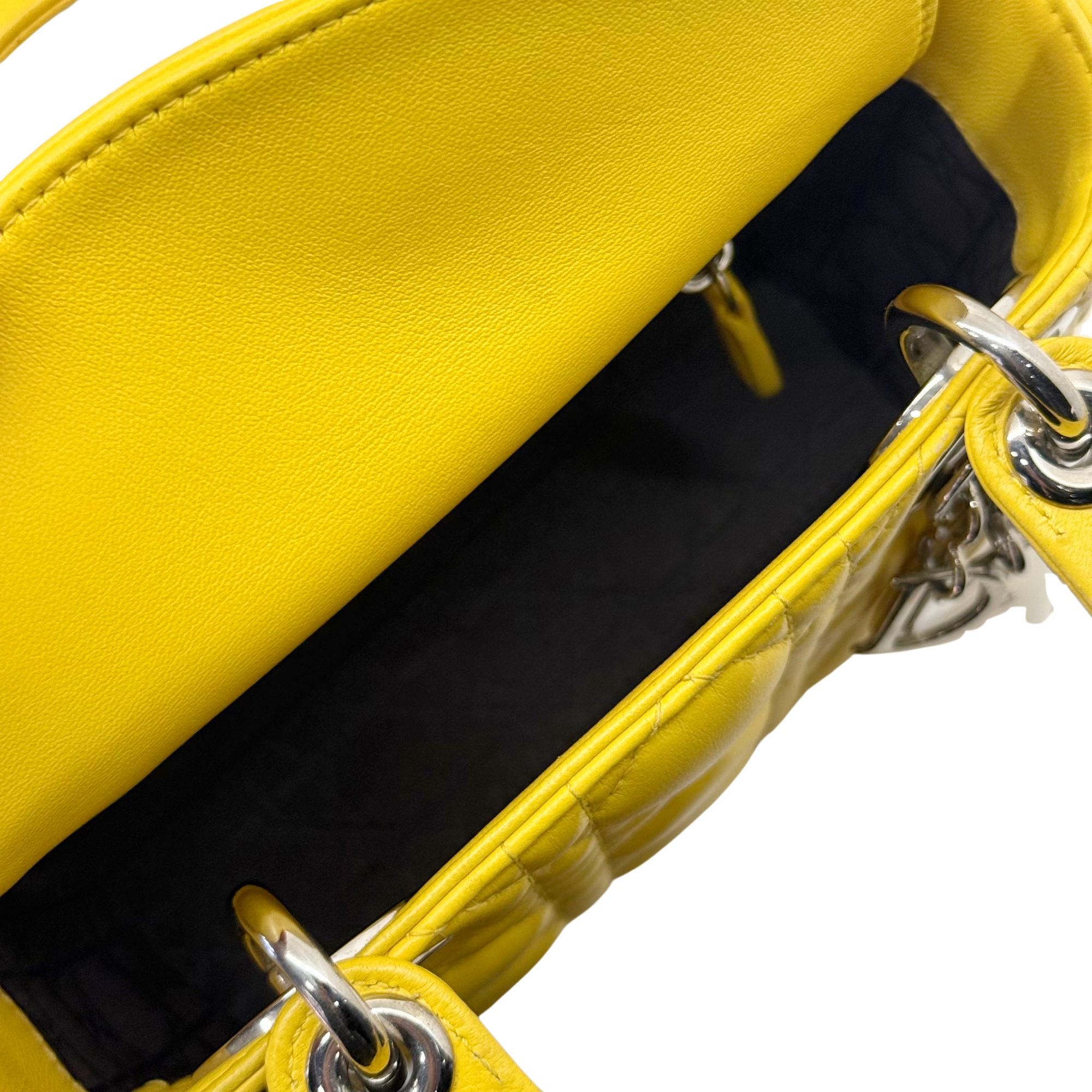 Dior Lady Mini Flap – Cannage Lambskin Yellow Silver Hardware Chain Strap Silver Hardware
 (pre-owned)