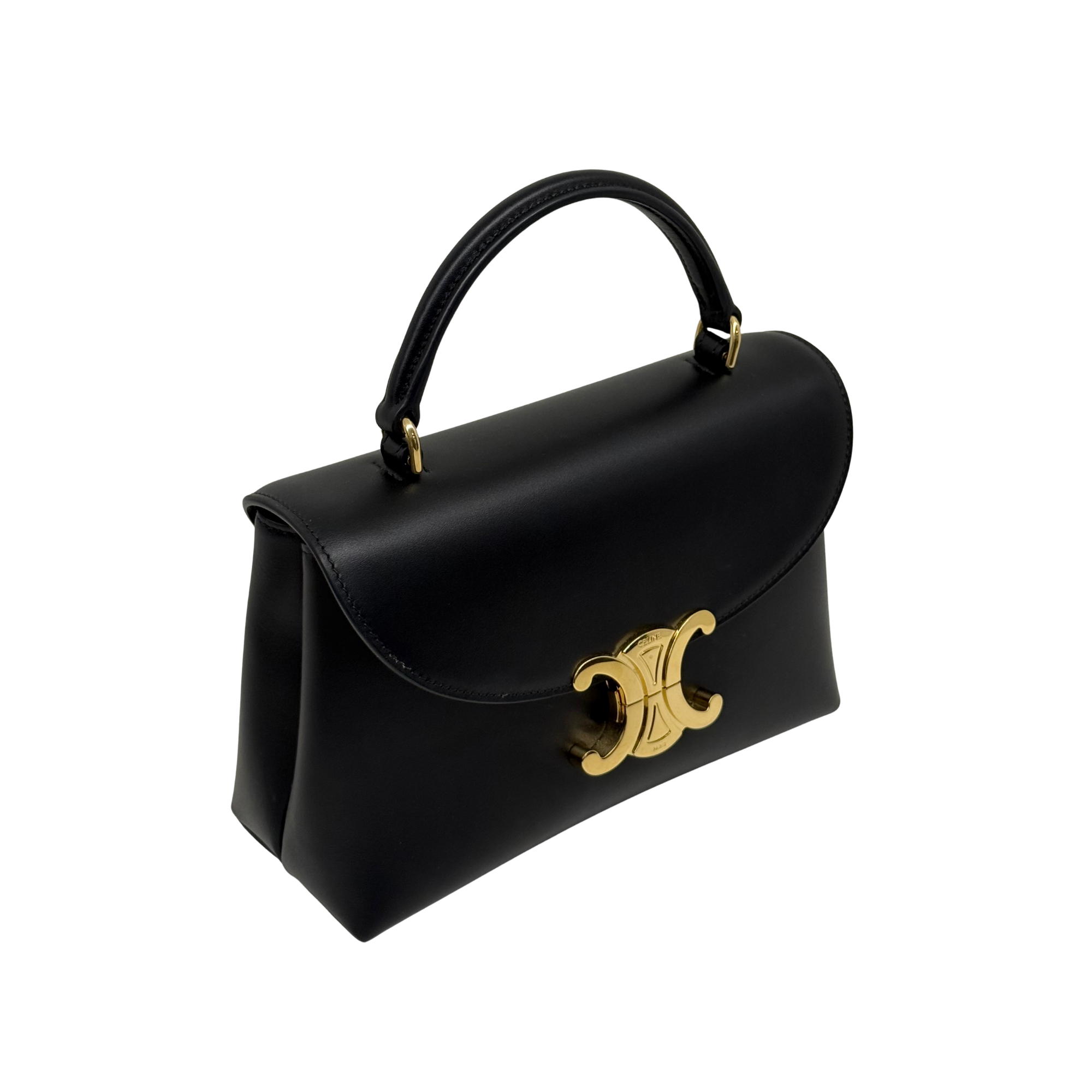 Black leather top-handle bag with gold-tone C logo on front flap