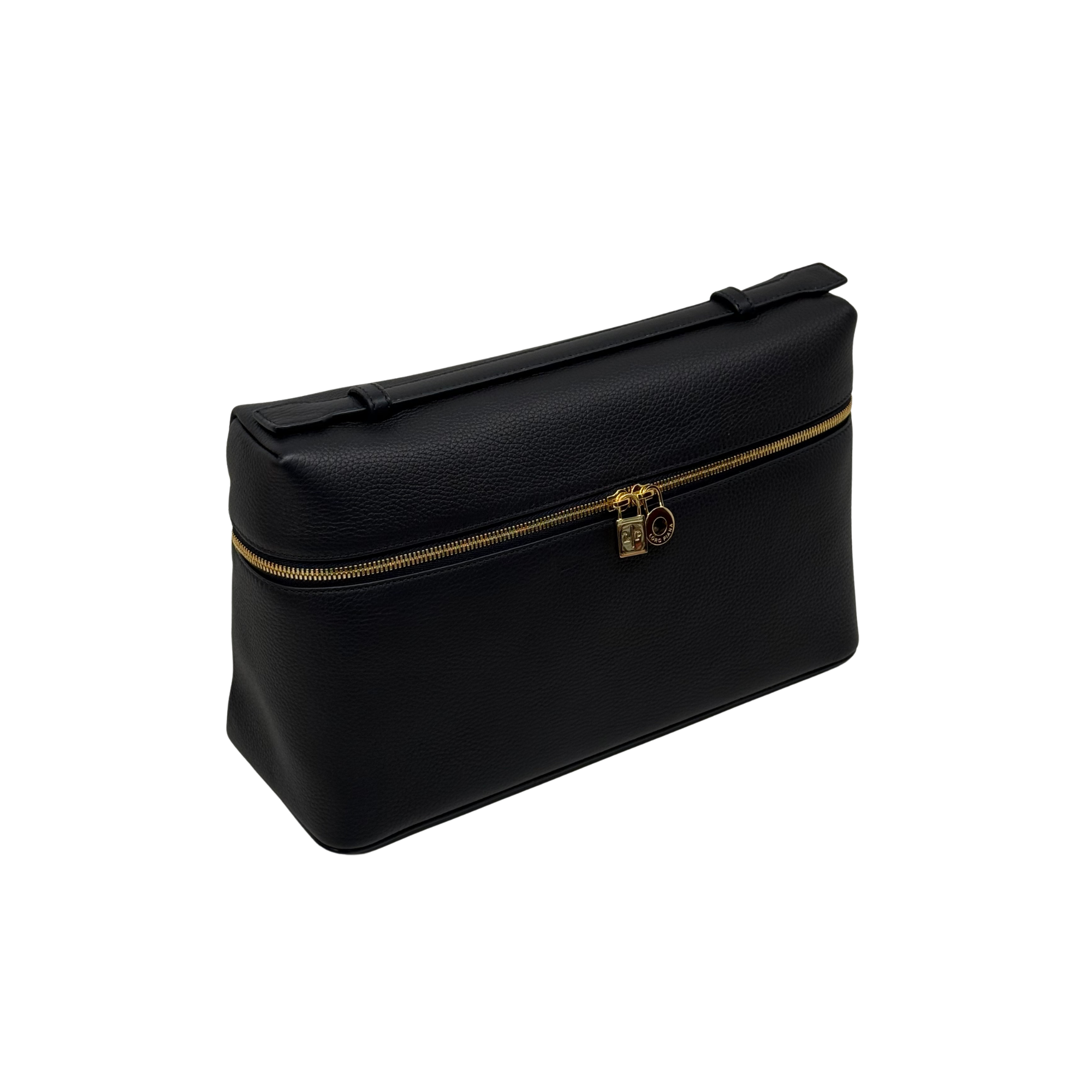Black leather zip pouch with gold zipper and top handle