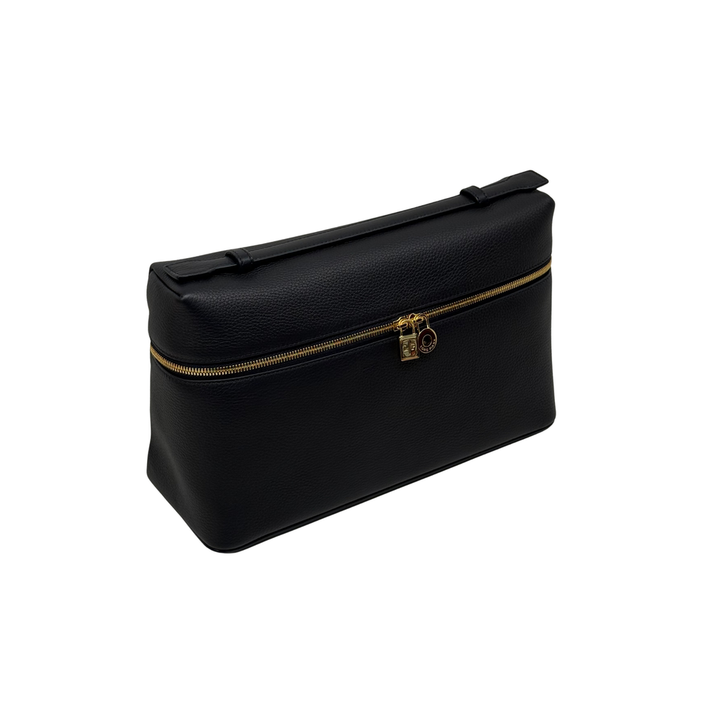 Black leather zip pouch with gold zipper and top handle