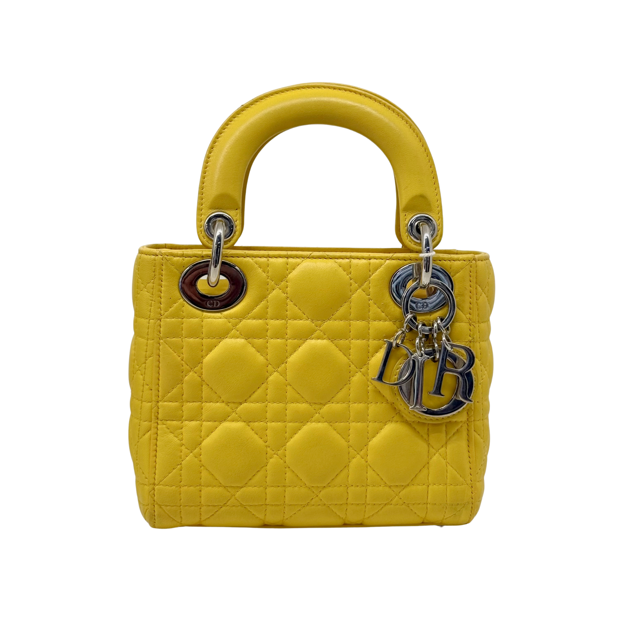 Dior Lady Mini Flap – Cannage Lambskin Yellow Silver Hardware Chain Strap Silver Hardware
 (pre-owned)