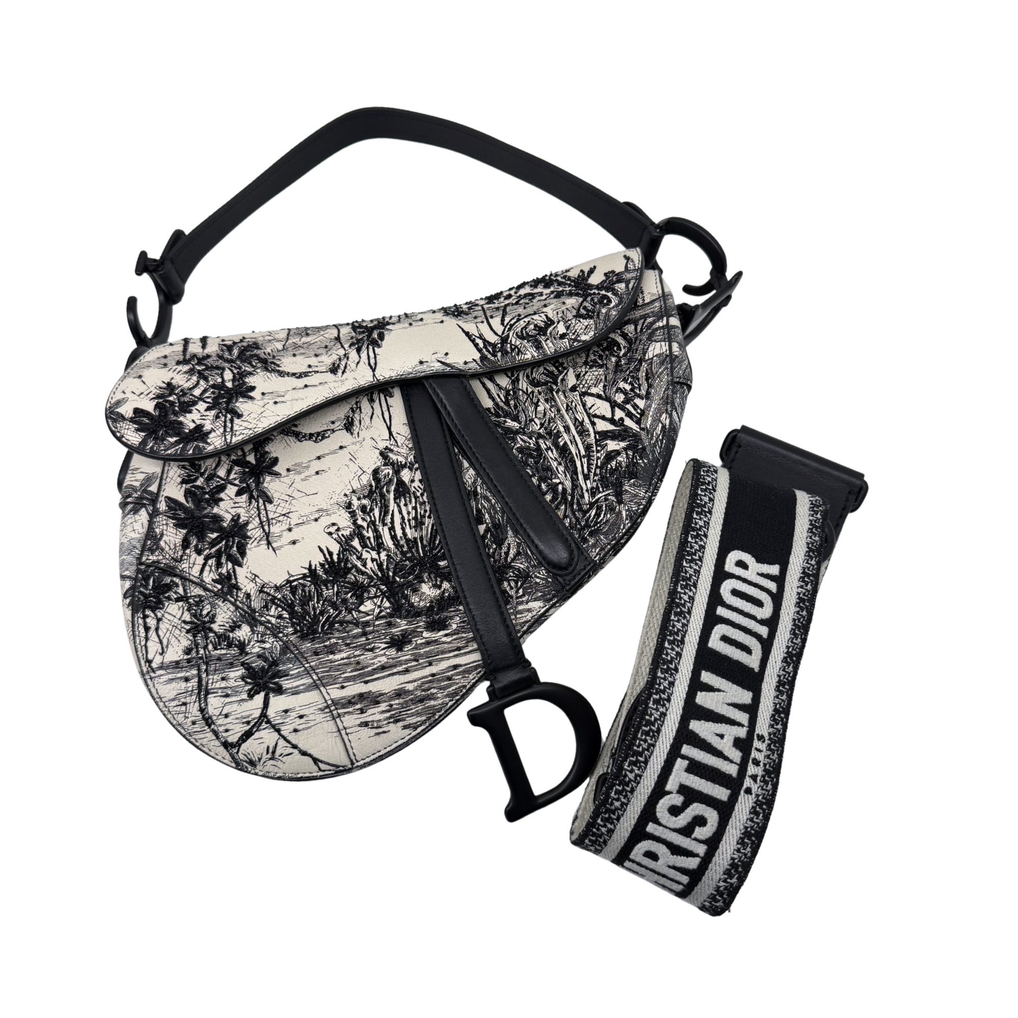 Christian Dior Calfskin Embroidered Palm Tree Toile De Jouy Saddle Bag White Black (pre-owned)
