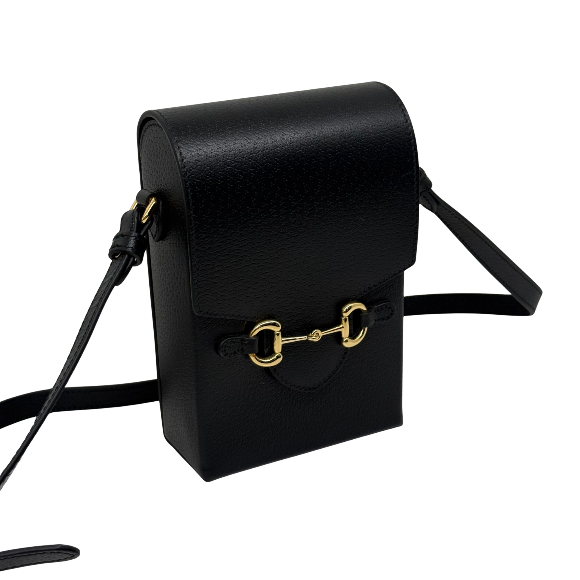 Gucci black leather crossbody bag with gold buckle closure