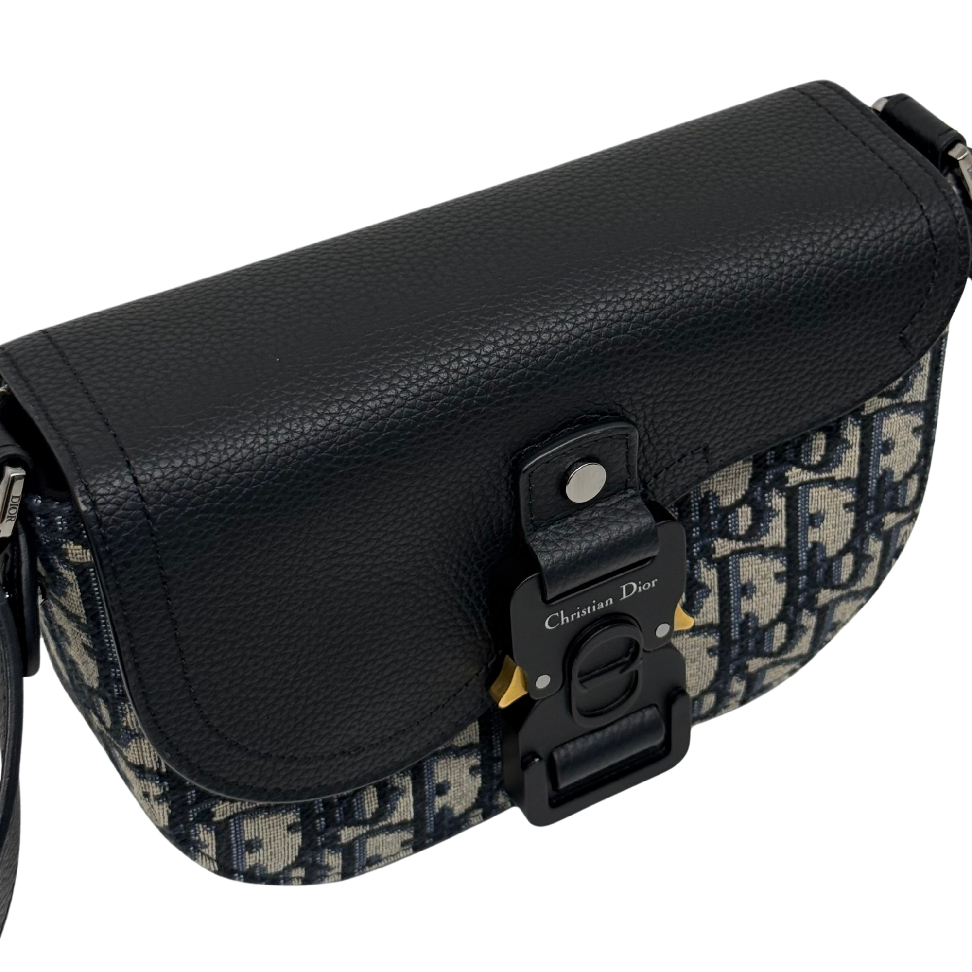 Dior Small Saddle Messenger Bag with Flap Beige and Black Dior Oblique Jacquard with Black Grained Calfskin (pre-owned)