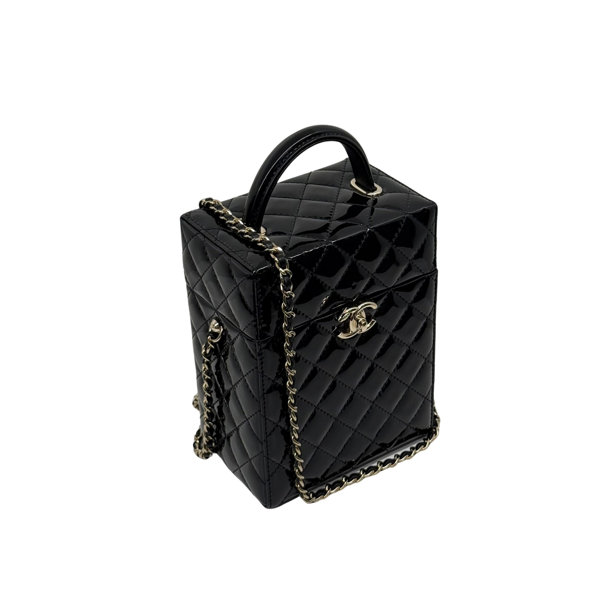 Chanel Small Box Shoulder Bag in black patent calfskin microchipped (pre-owned)