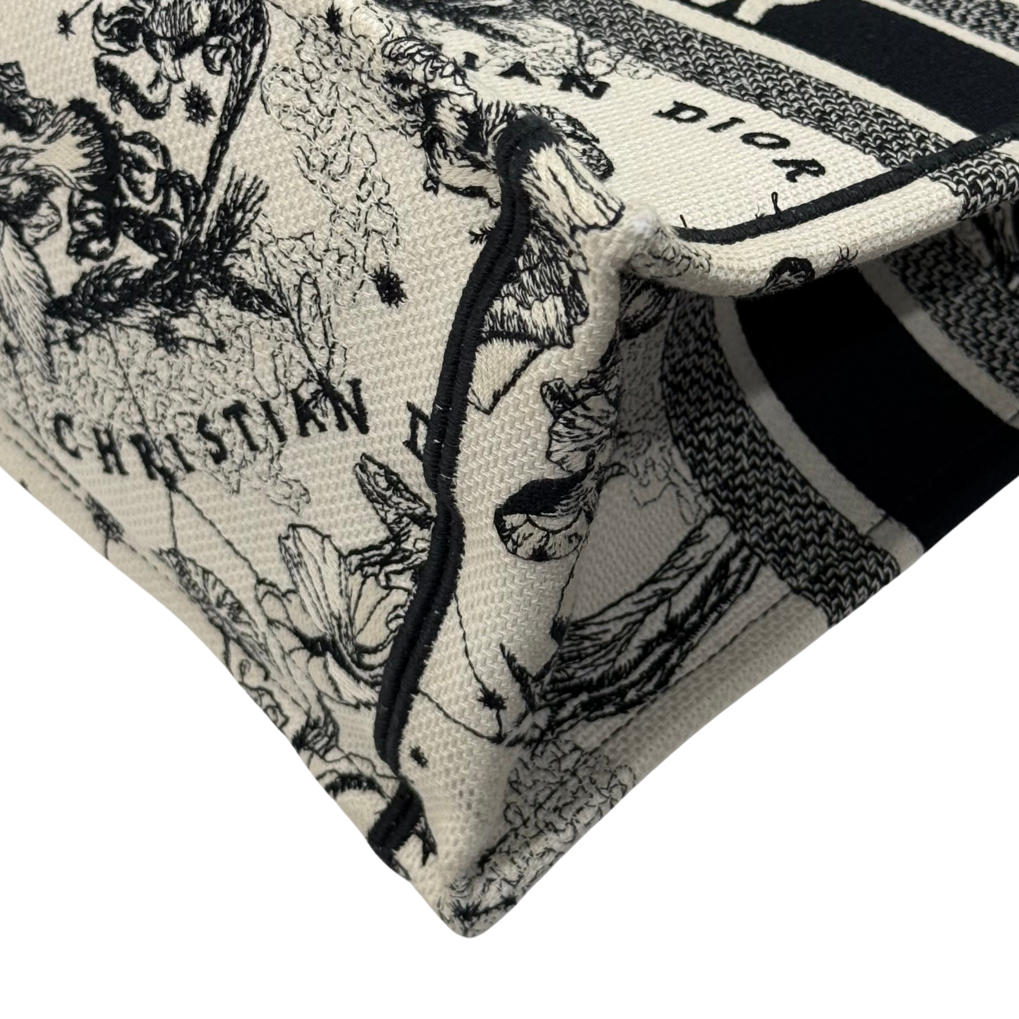 Dior canvas tote bag close-up showing black piping and printed figures on beige