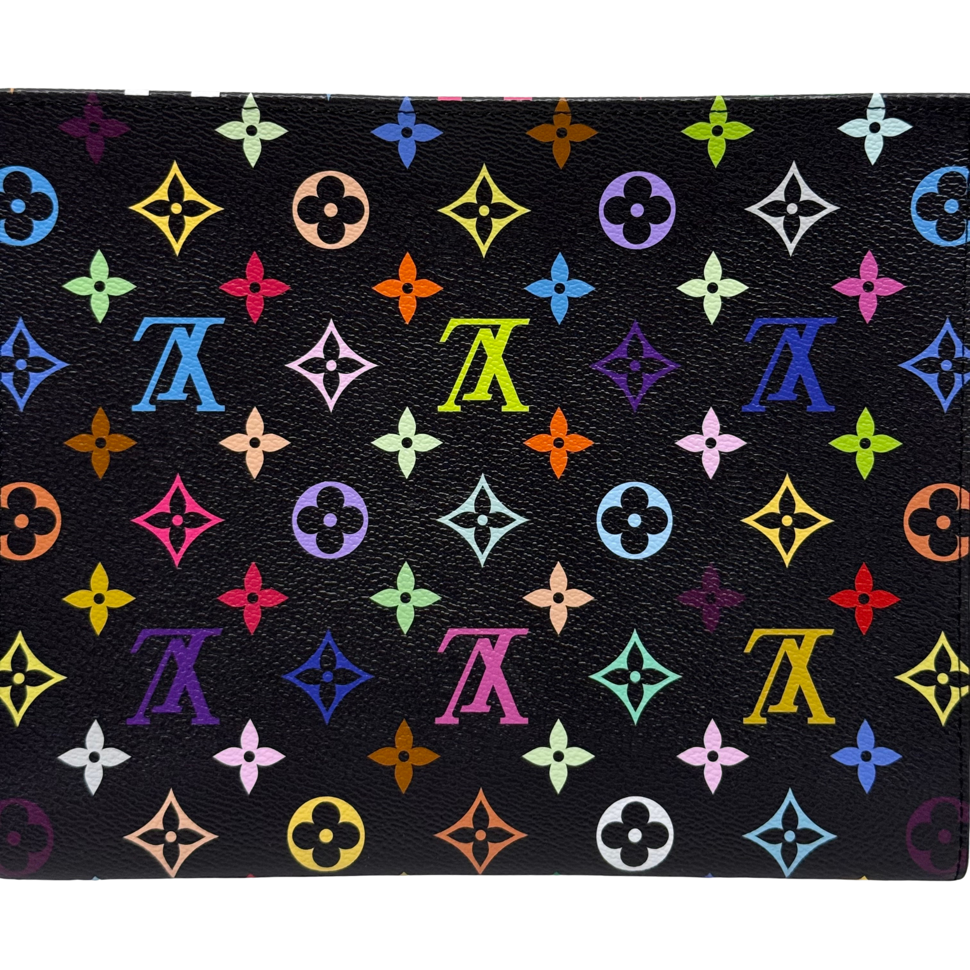 Louis Vuitton multicolor monogram leather pouch fabric close-up on black background
