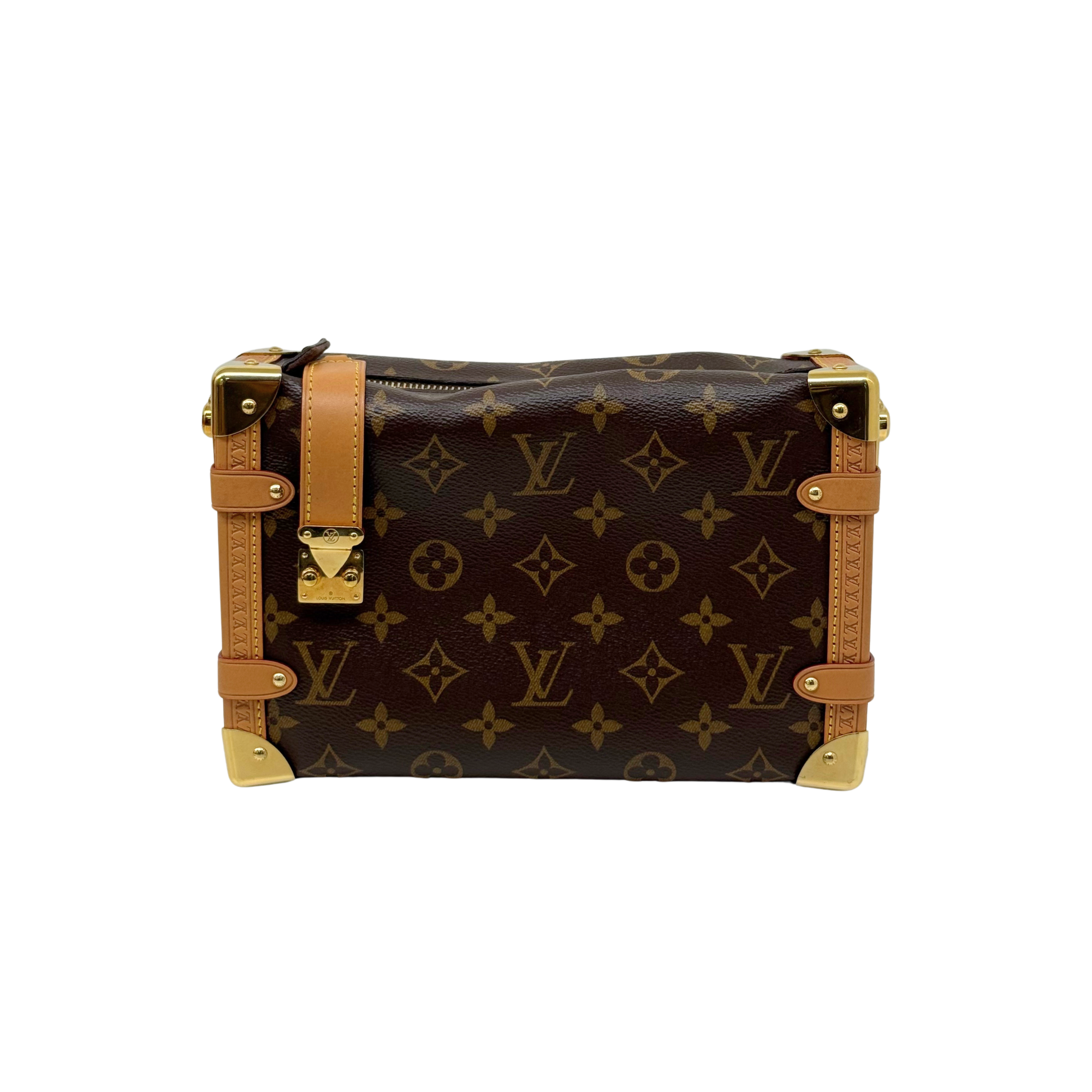 Louis Vuitton monogram handbag with front buckles and tan leather strap detail