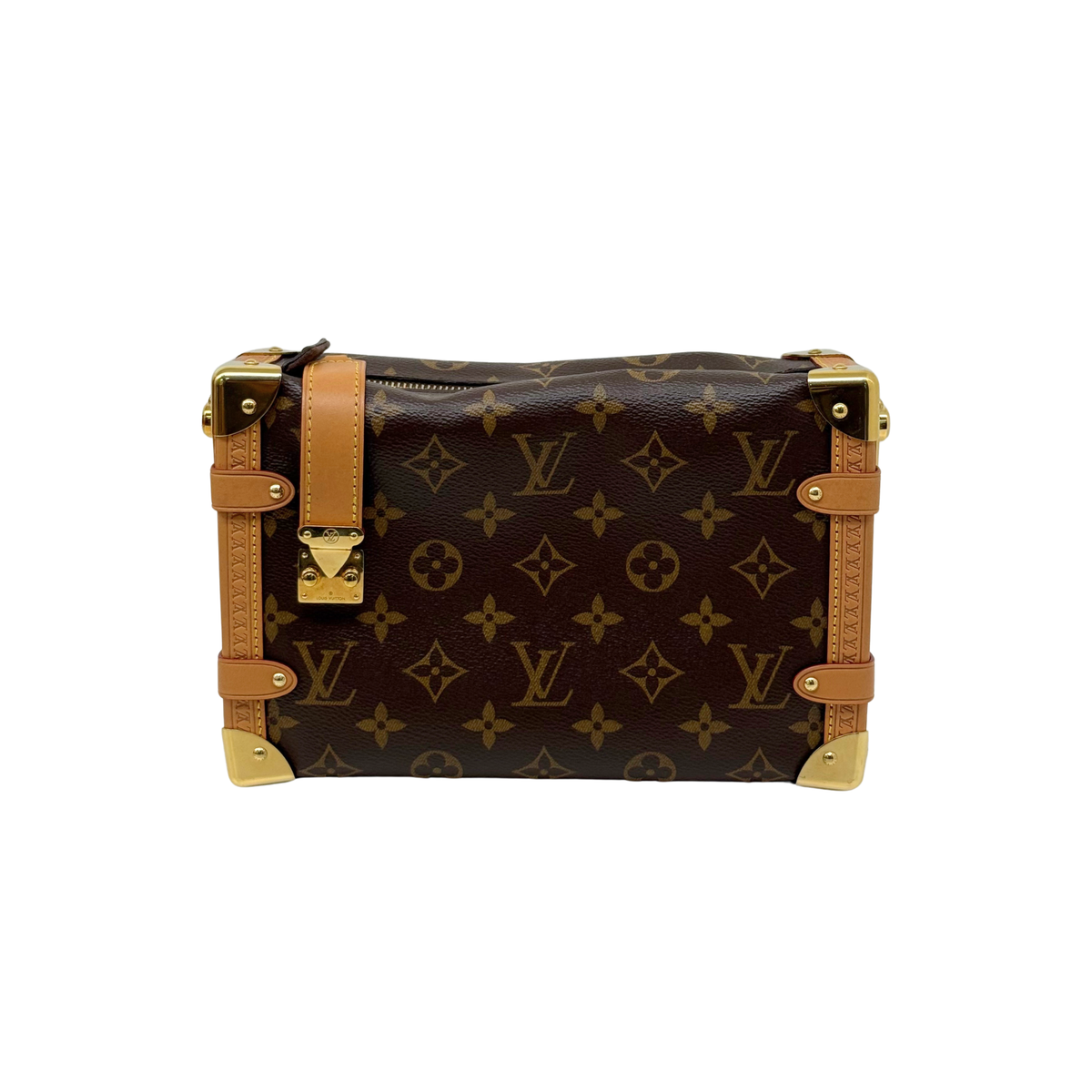 Louis Vuitton monogram handbag with front buckles and tan leather strap detail