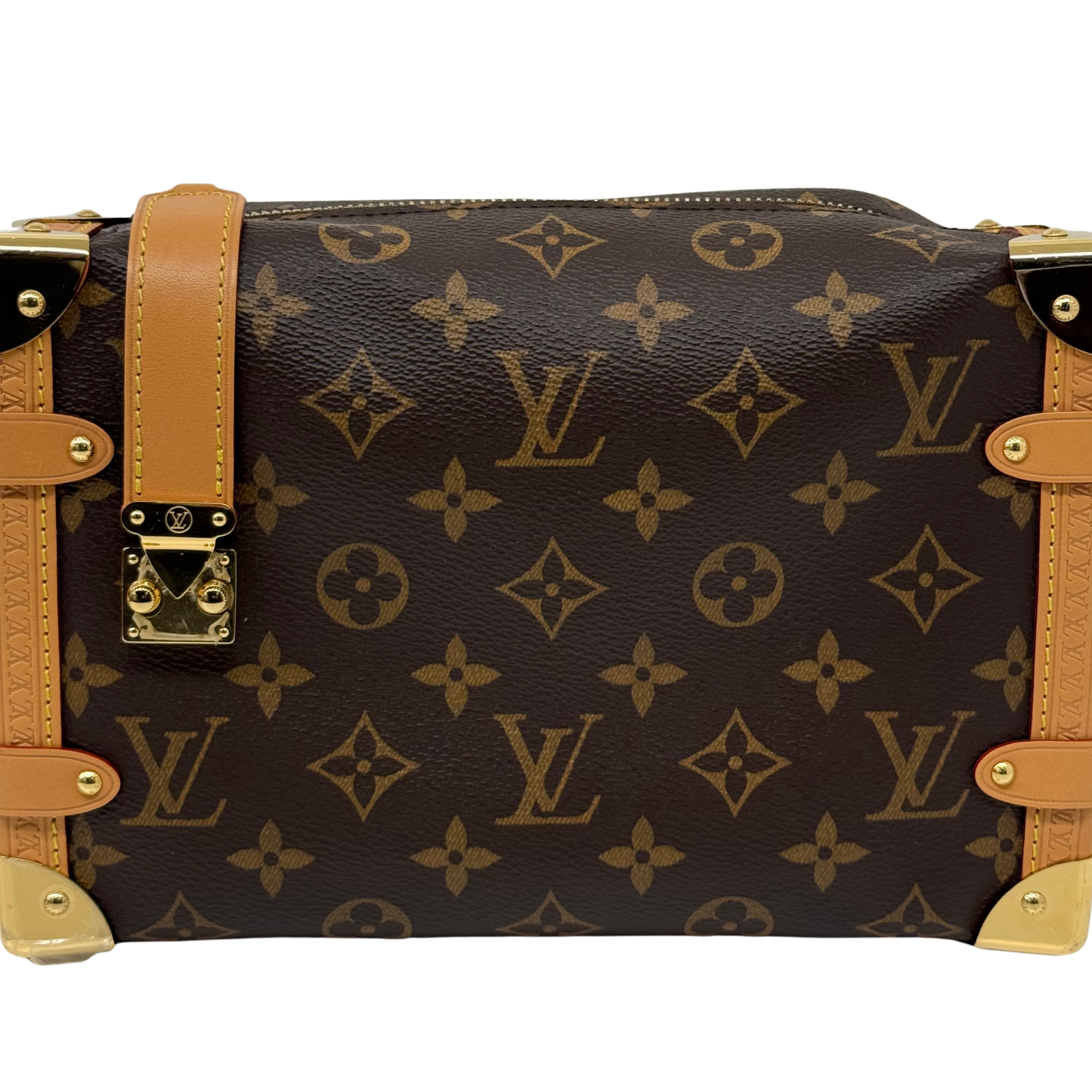 Monogram crossbody bag front view, brown canvas with tan leather trim and gold hardware
