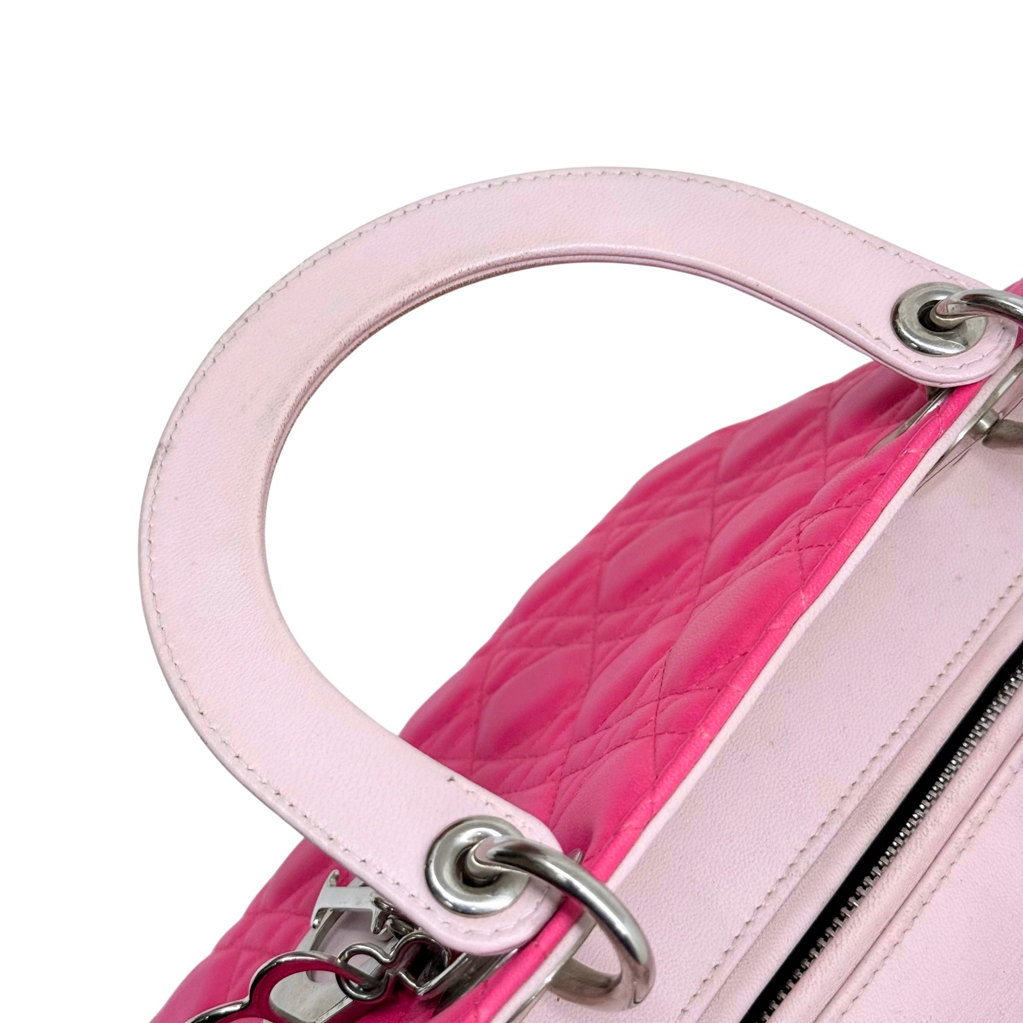 Quilted tote bag top handle with silver rings, pink and gray leather trim