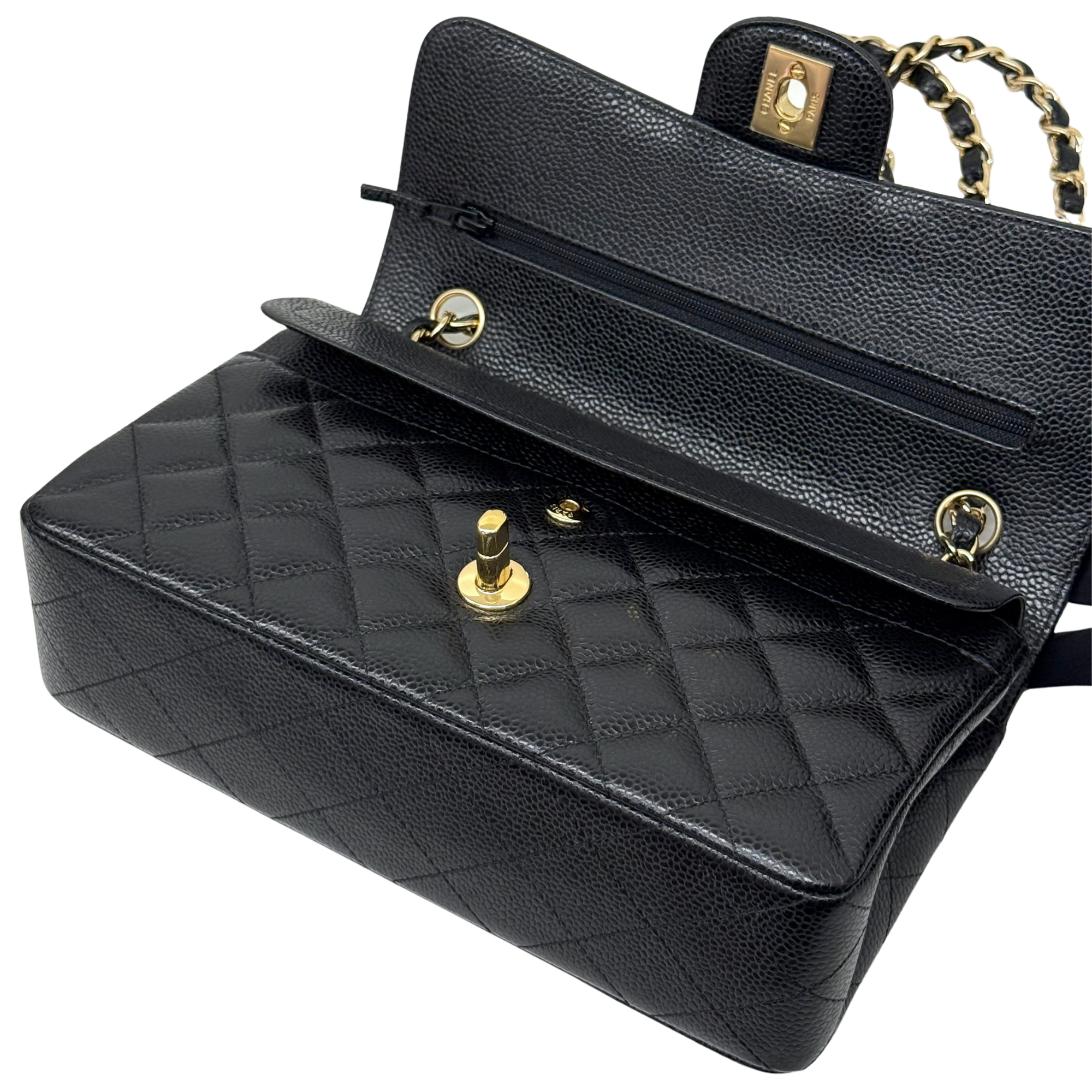 Chanel black bag caviar leather gold hardware