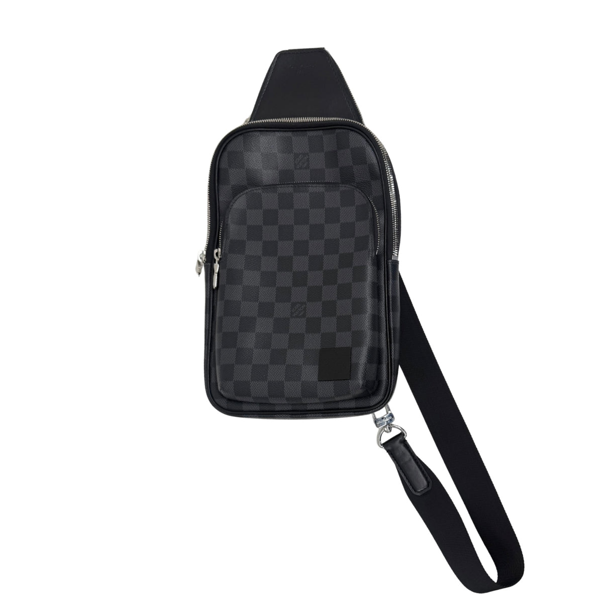 Dark checkered crossbody bag with front zip pocket and adjustable shoulder strap