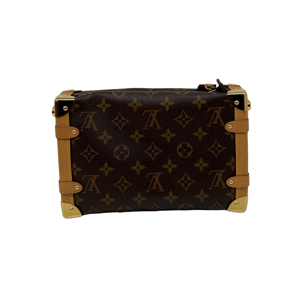 Louis Vuitton monogram mini bag with structured silhouette, tan trim, and gold-tone side hardware