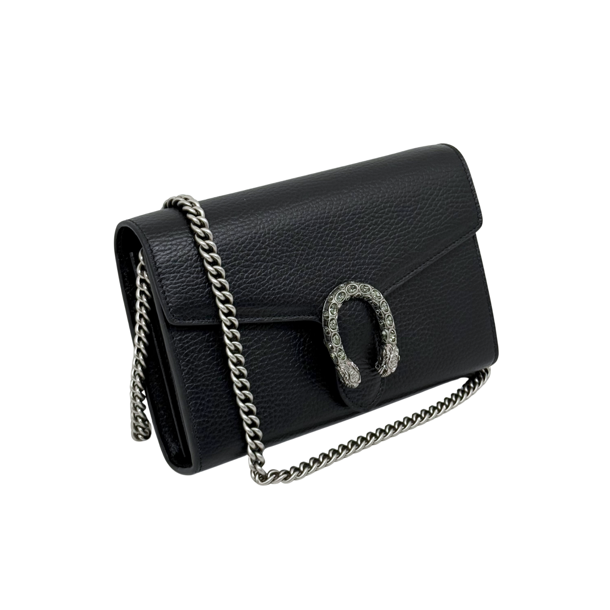 Gucci black leather flap clutch with silver chain strap and horsebit-style clasp