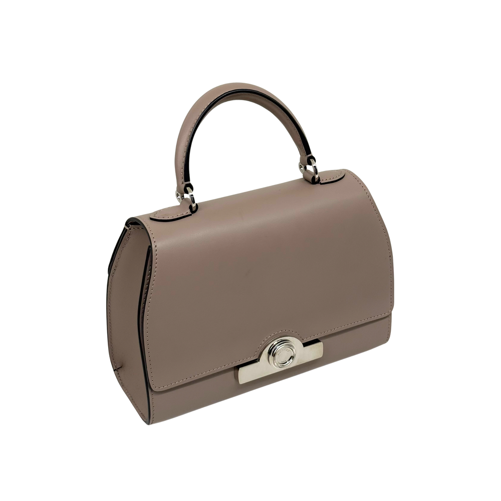 Moynat taupe leather crossbody handbag with top handle, flap clasp, and strap