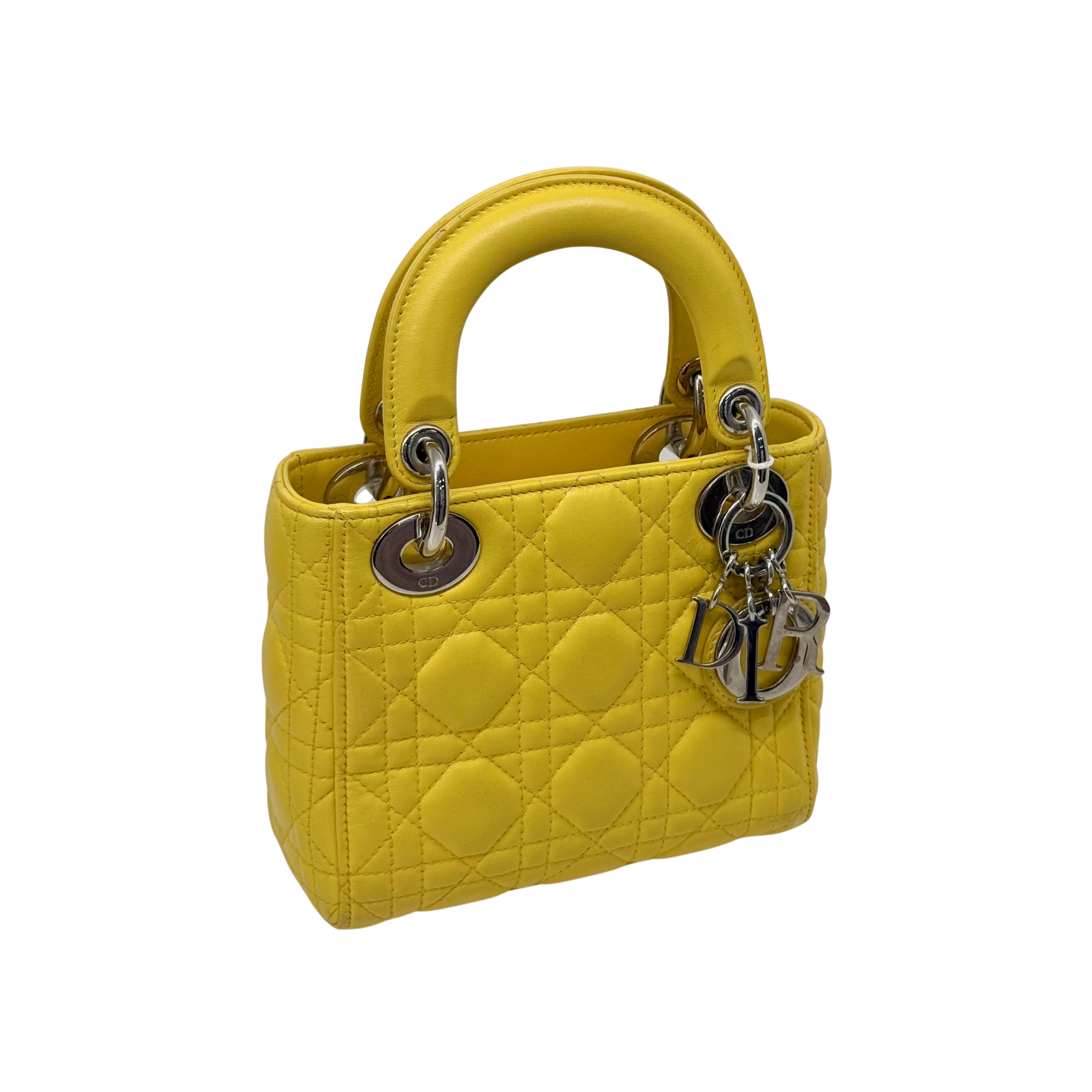 Dior Lady Mini Flap – Cannage Lambskin Yellow Silver Hardware Chain Strap Silver Hardware
 (pre-owned)