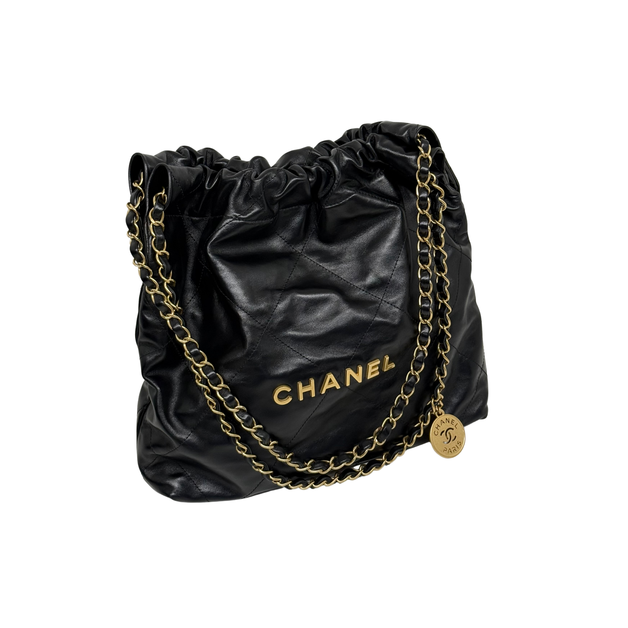Black quilted Chanel drawstring shoulder bag with ruching and gold chain straps
