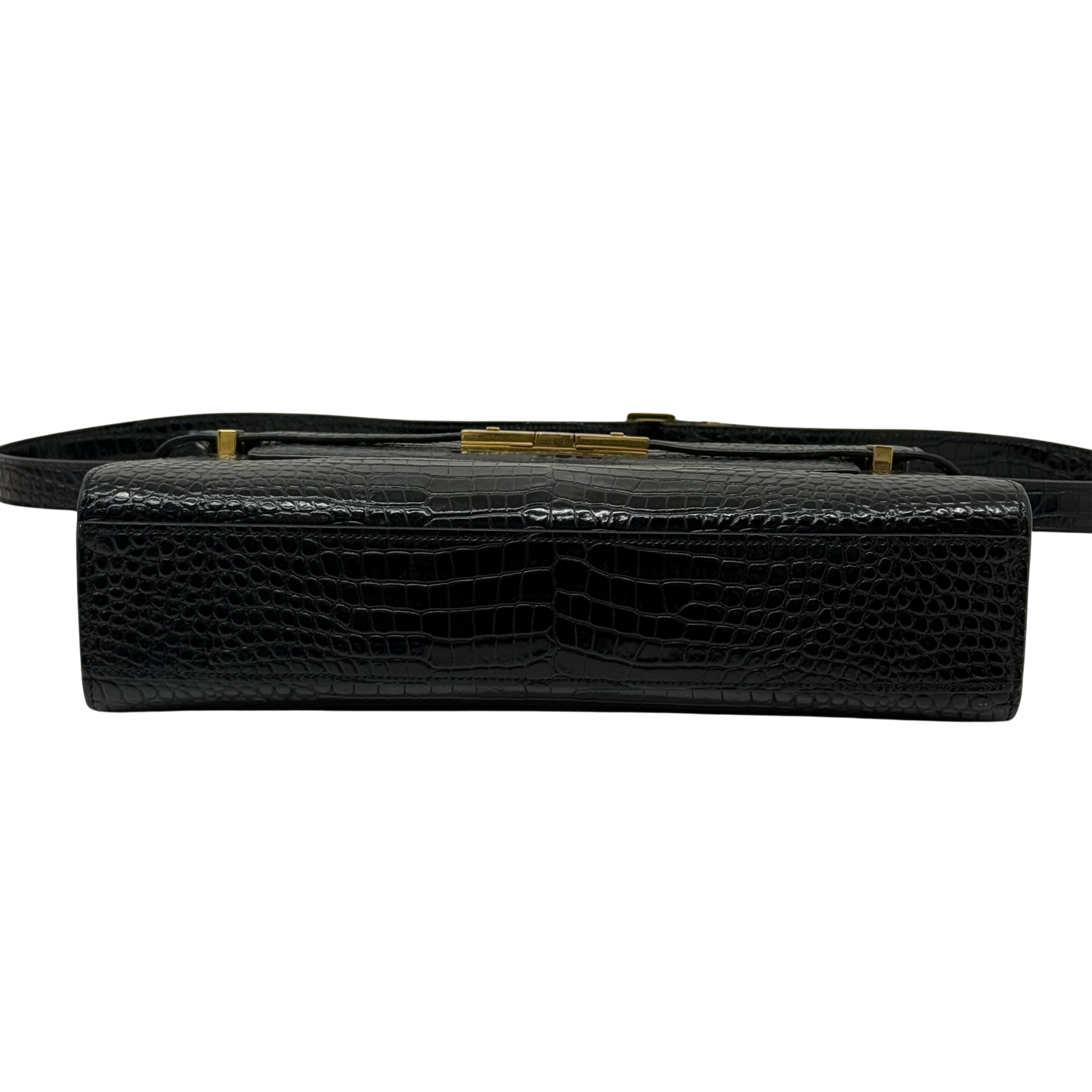 YSL pre-owned black croc-embossed leather shoulder bag with flap and gold buckle
