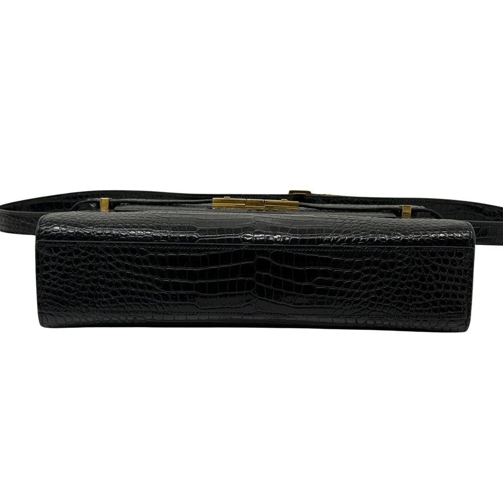 YSL pre-owned black croc-embossed leather shoulder bag with flap and gold buckle