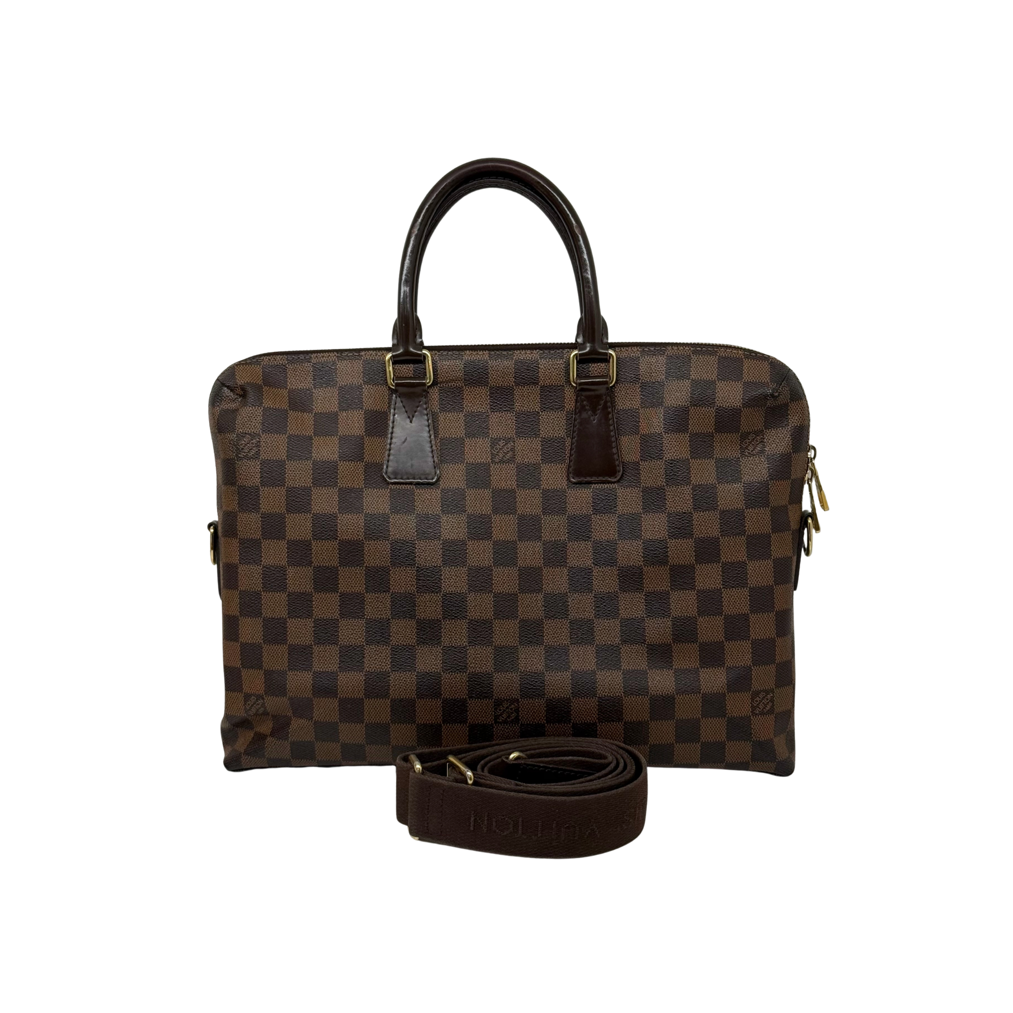 Pre-owned Louis Vuitton checkered handbag with top handles, front zip, and leather trim