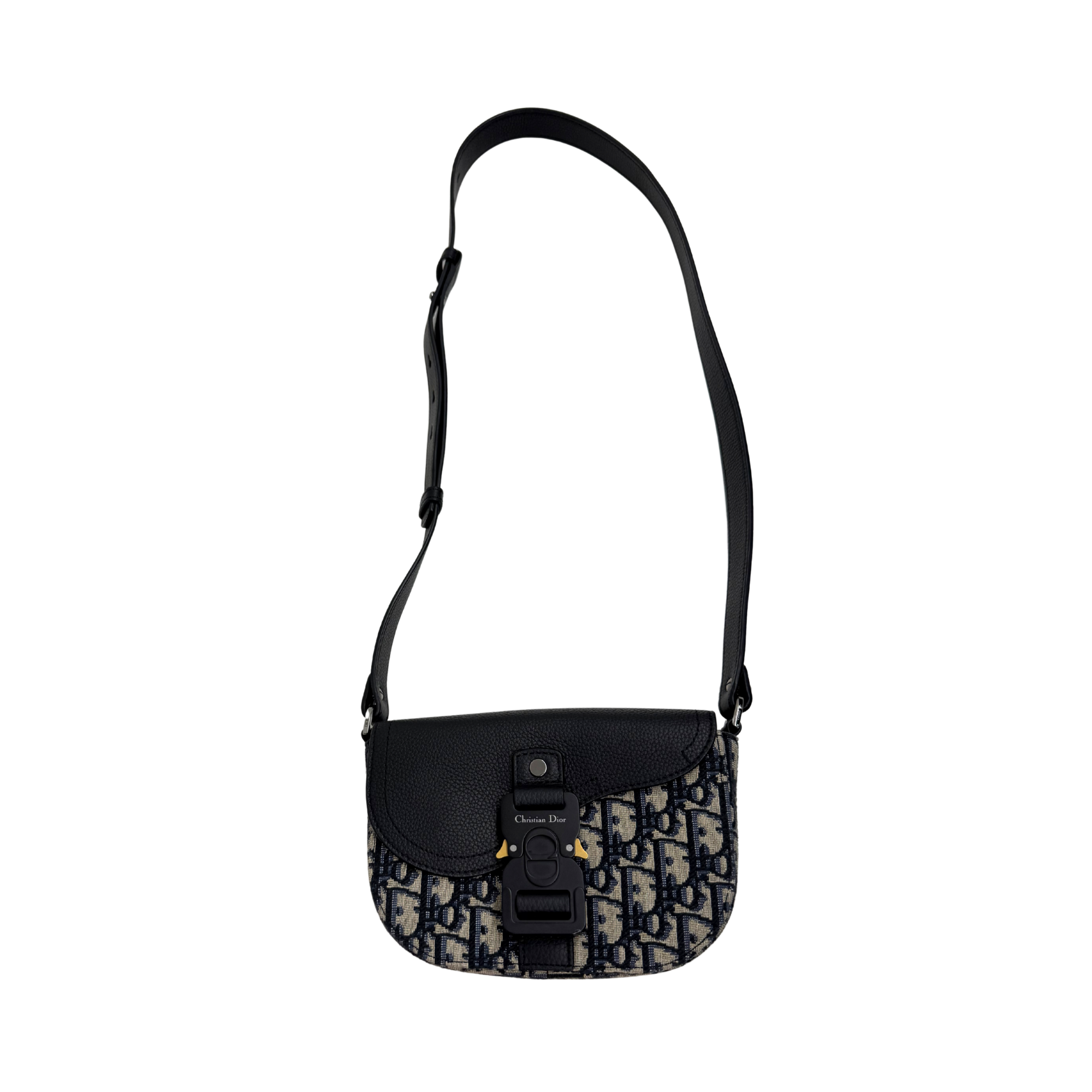 Dior Small Saddle Messenger Bag with Flap Beige and Black Dior Oblique Jacquard with Black Grained Calfskin (pre-owned)