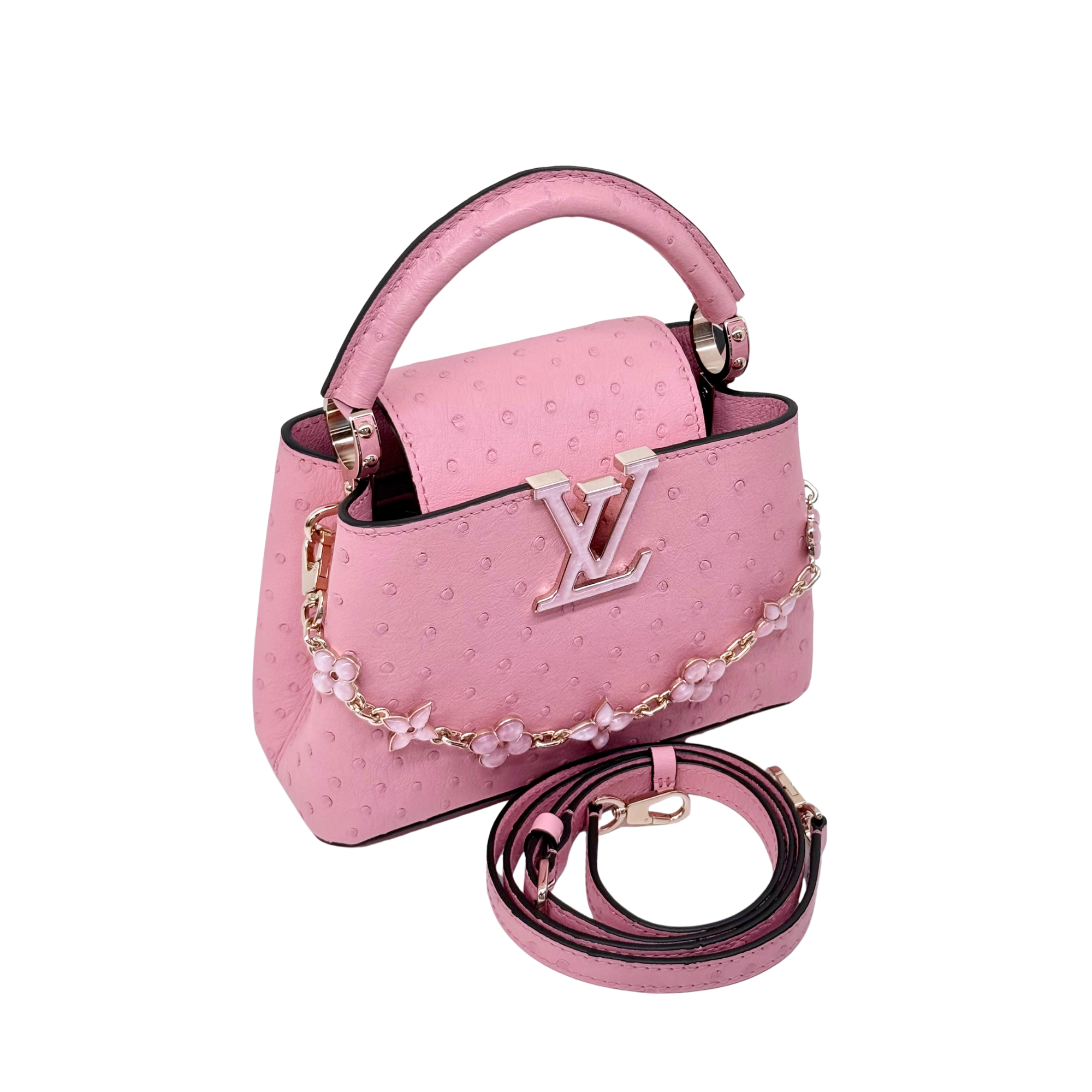 Louis Vuitton Pink Ostrich Mini Capucines Bag with flower chain limited edition (brand new)