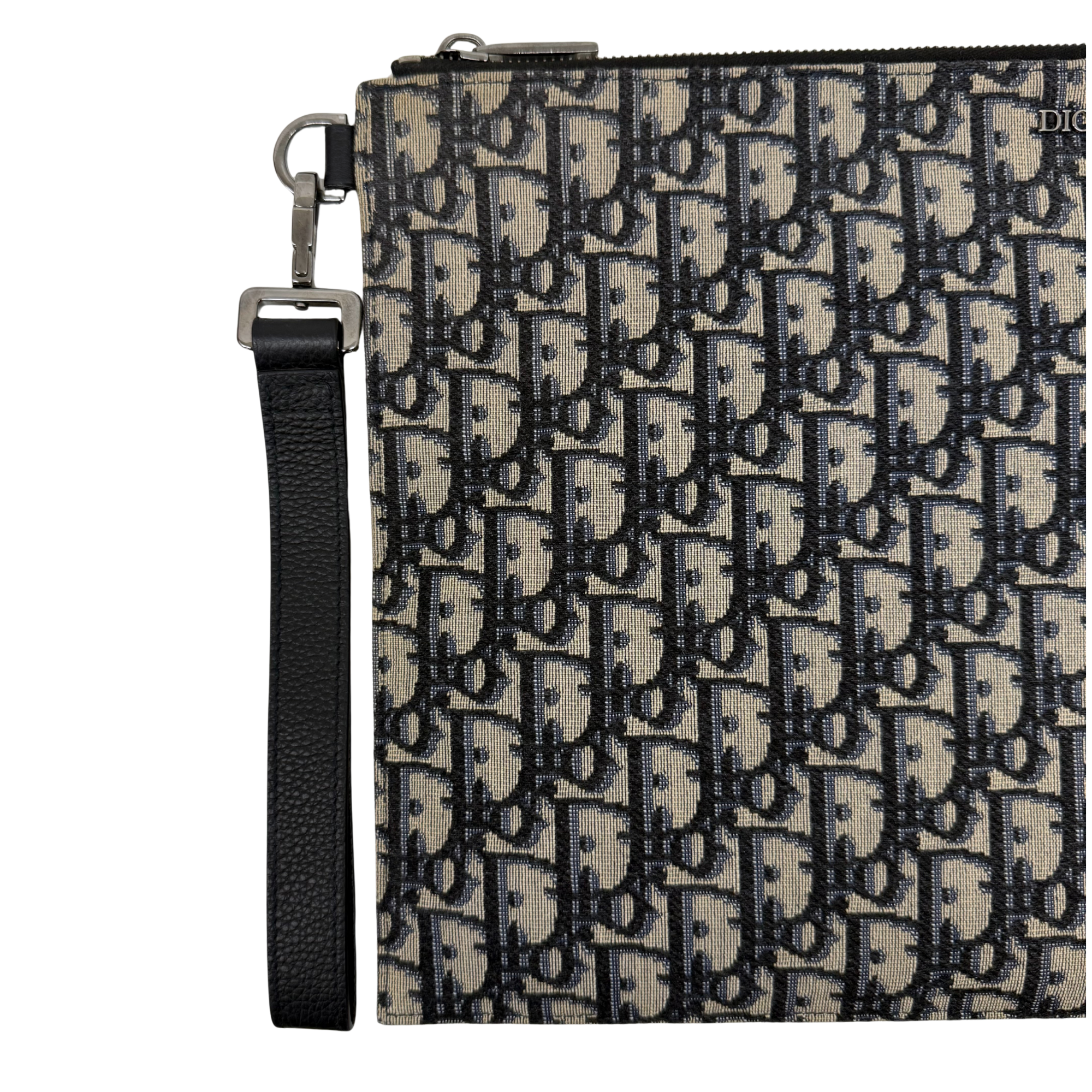 Dior pre-owned oblique patterned canvas pouch with black leather trim and zipper