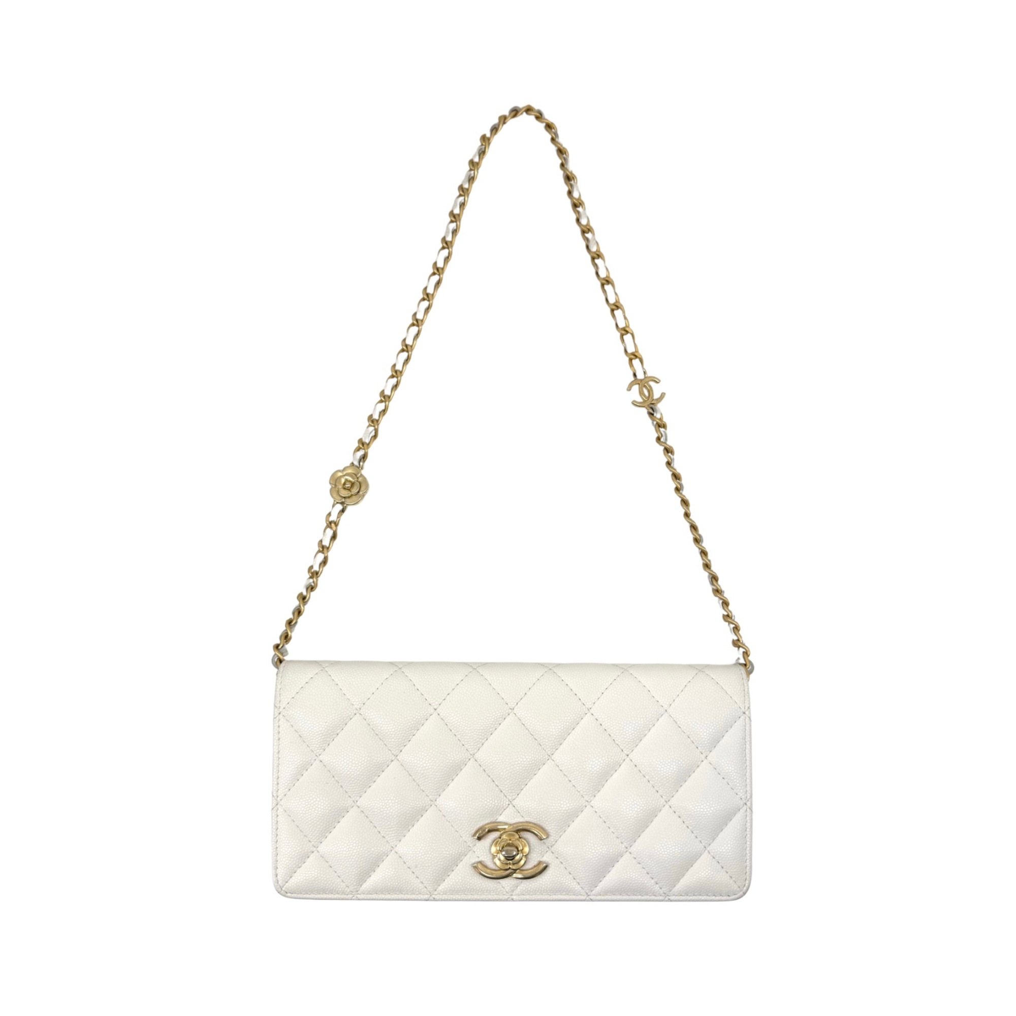 Chanel white quilted micro shoulder bag with chain strap and CC logo front