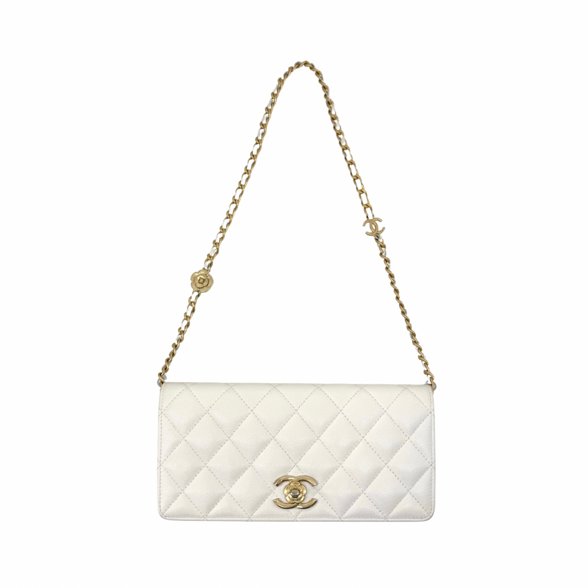Chanel white quilted micro shoulder bag with chain strap and CC logo front