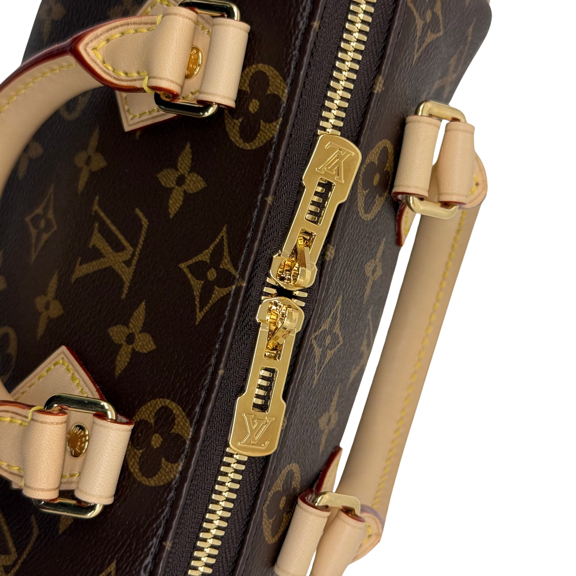 Louis Vuitton monogram handbag side with gold zipper and light leather strap