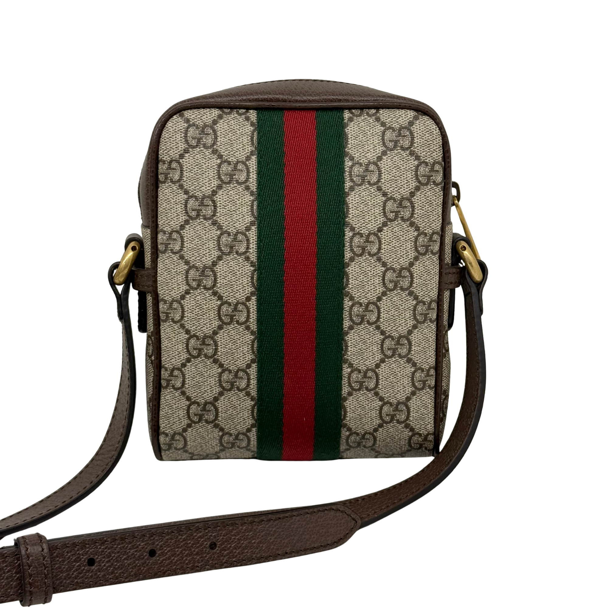 Gucci GG canvas crossbody bag with vertical green and red stripe and dark brown leather strap
