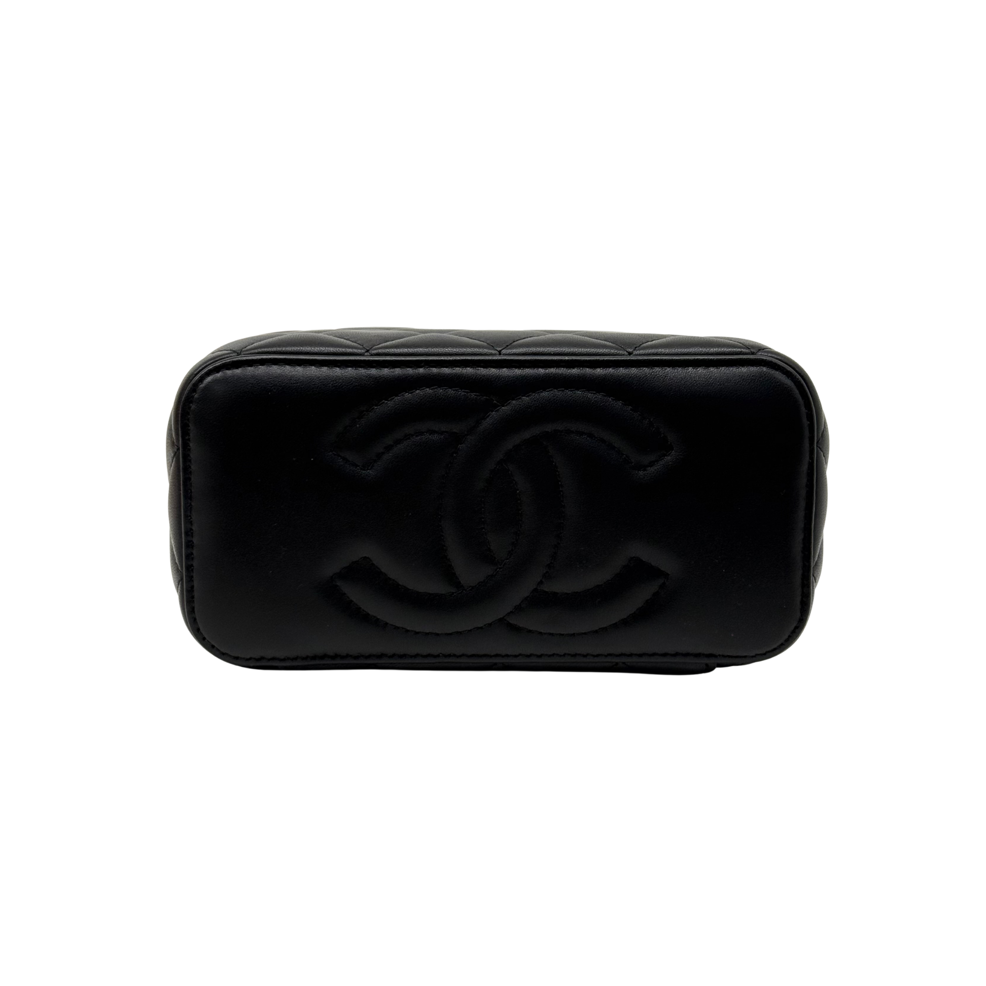 Black quilted leather pouch with embossed CC logo and smooth rounded shape