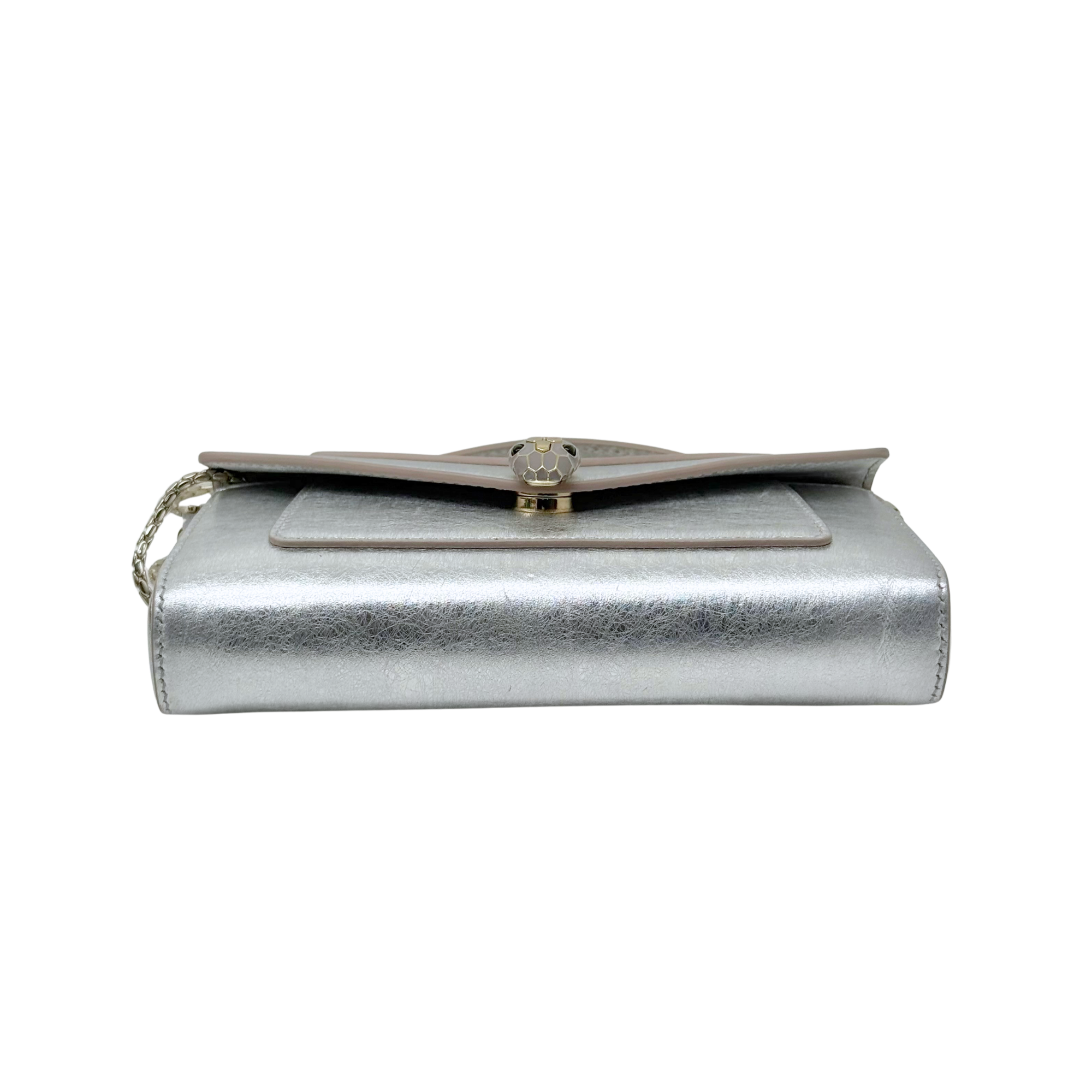 Pre-owned Bulgari silver metallic leather flap bag back with gold-tone emblem snap