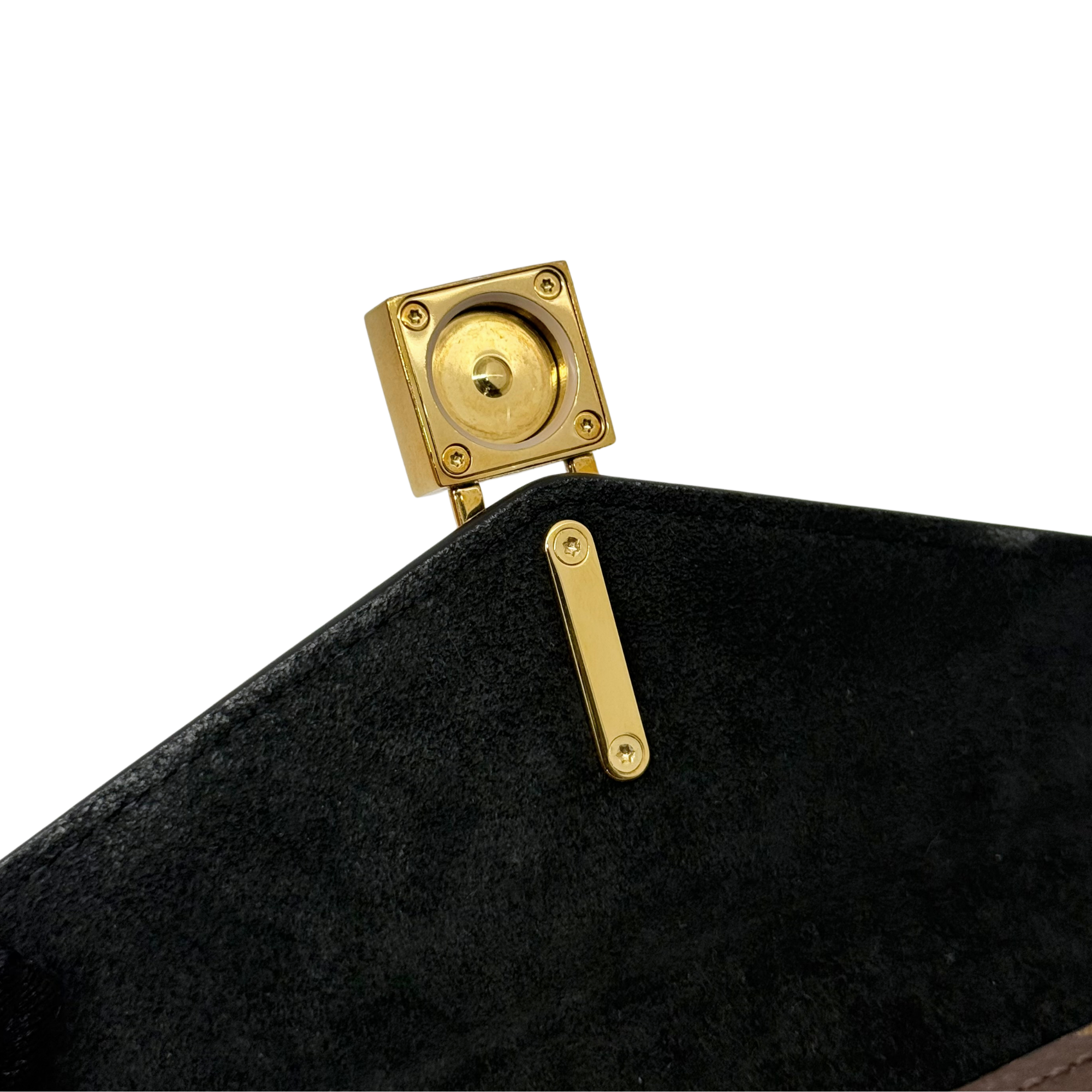 Gold turn-lock closure with handle on black flap