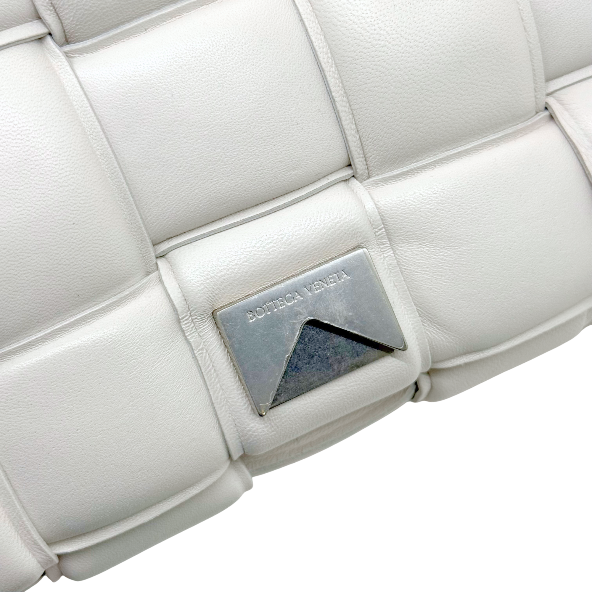 Bottega Veneta leather crossbody bag, dark logo plaque on white woven-style flap