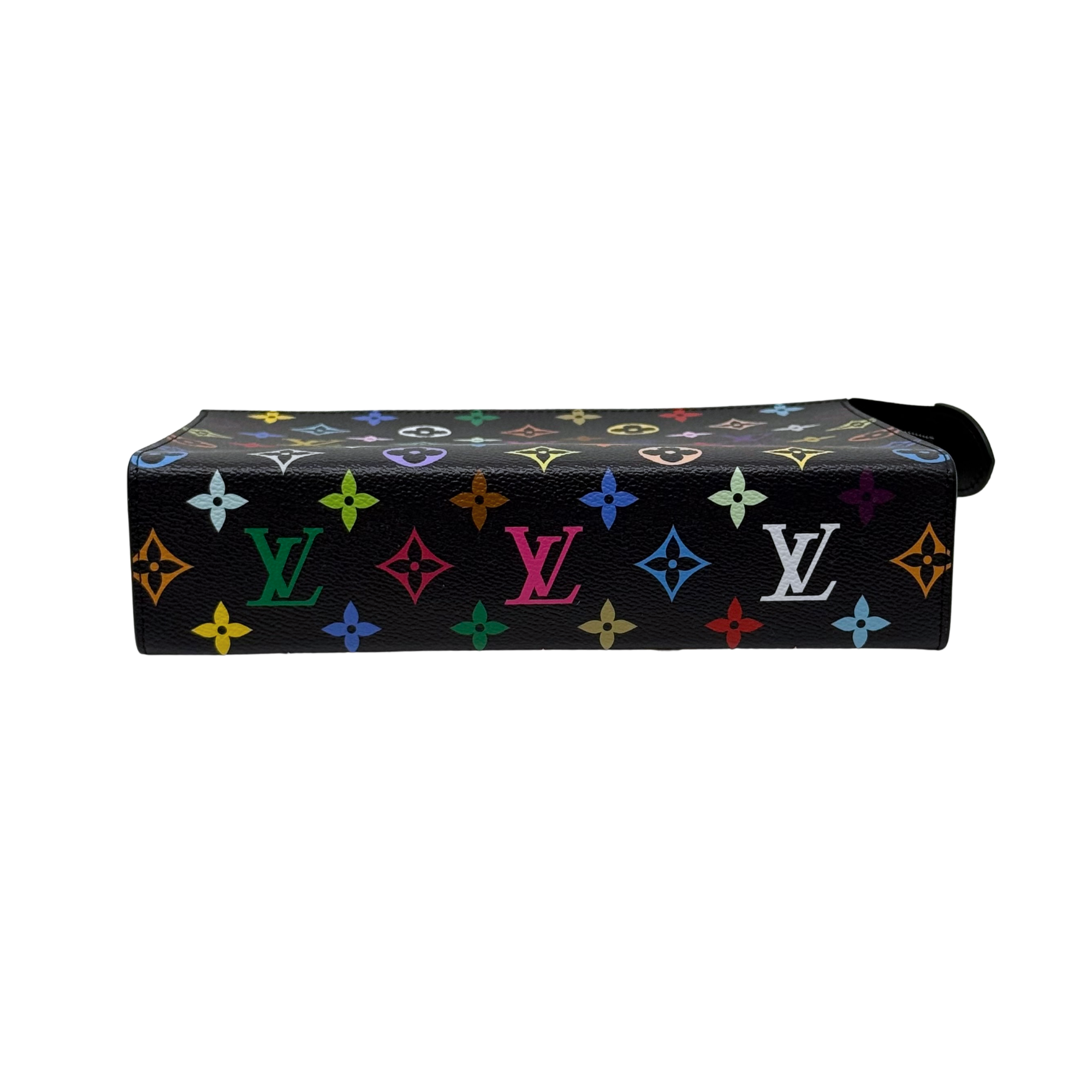 Louis Vuitton multicolor monogram leather pouch end view with rolled top opening