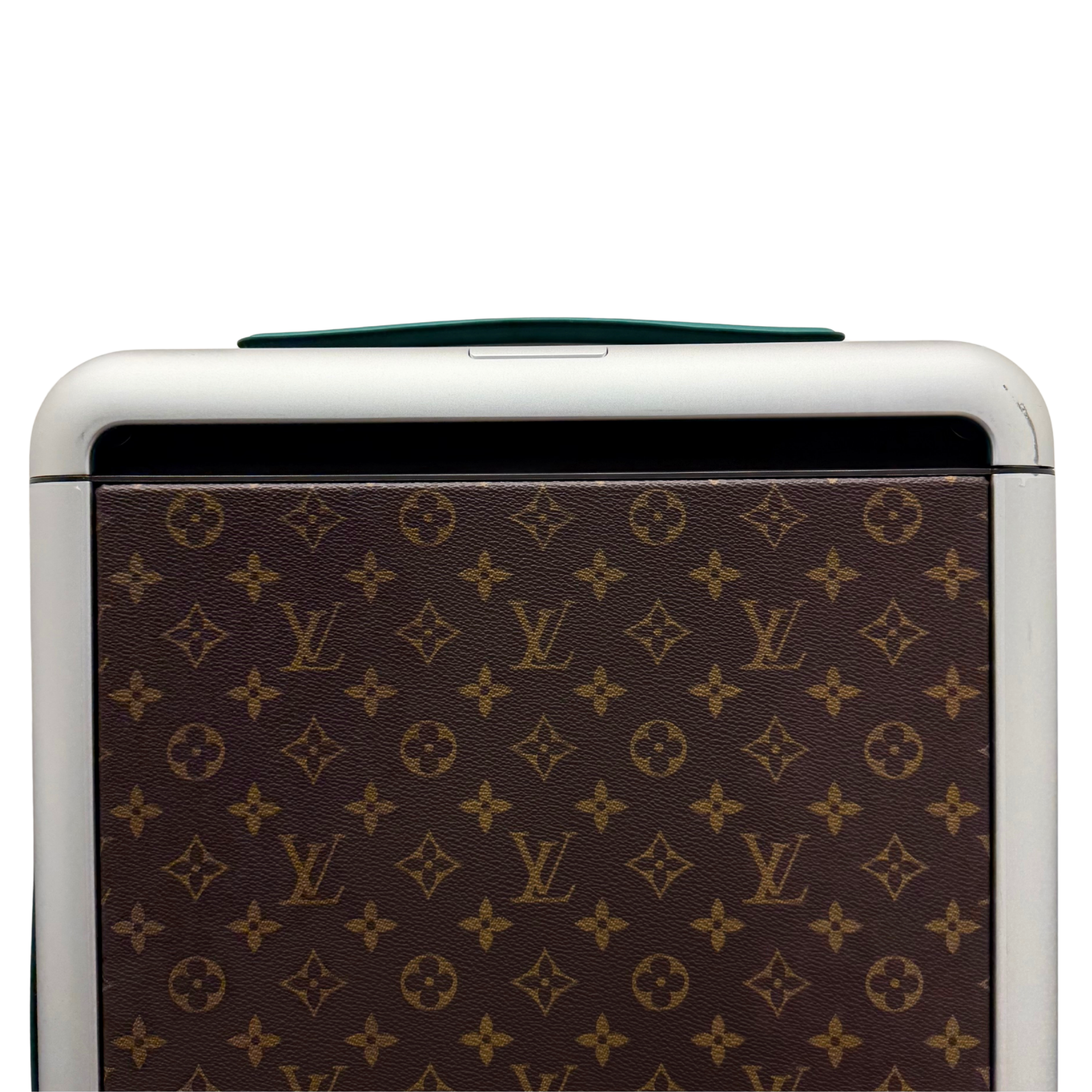 Pre-owned Louis Vuitton trunk suitcase, top view with brown monogram canvas and white frame