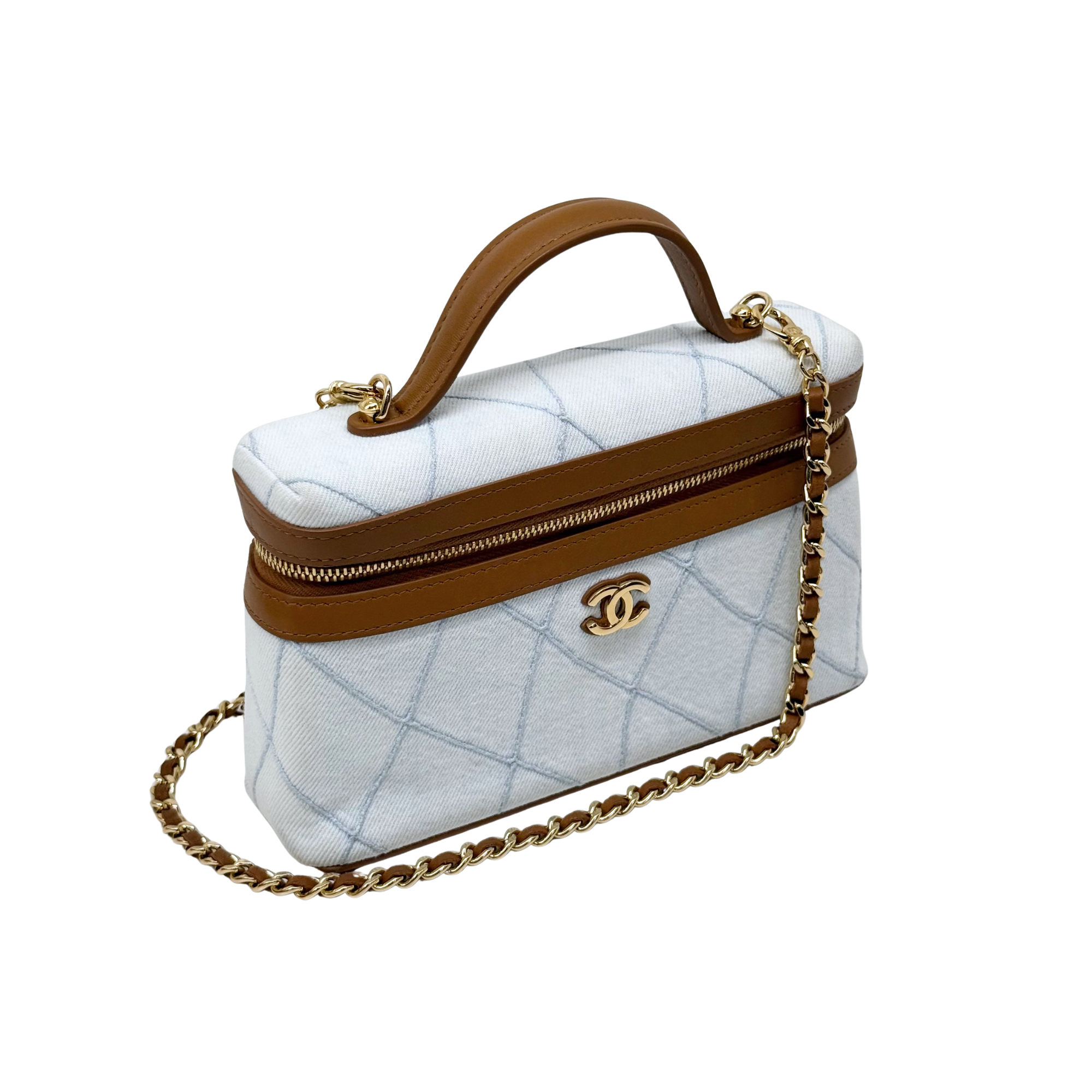Light blue Chanel quilted handbag with brown leather trim, top handle, chain strap